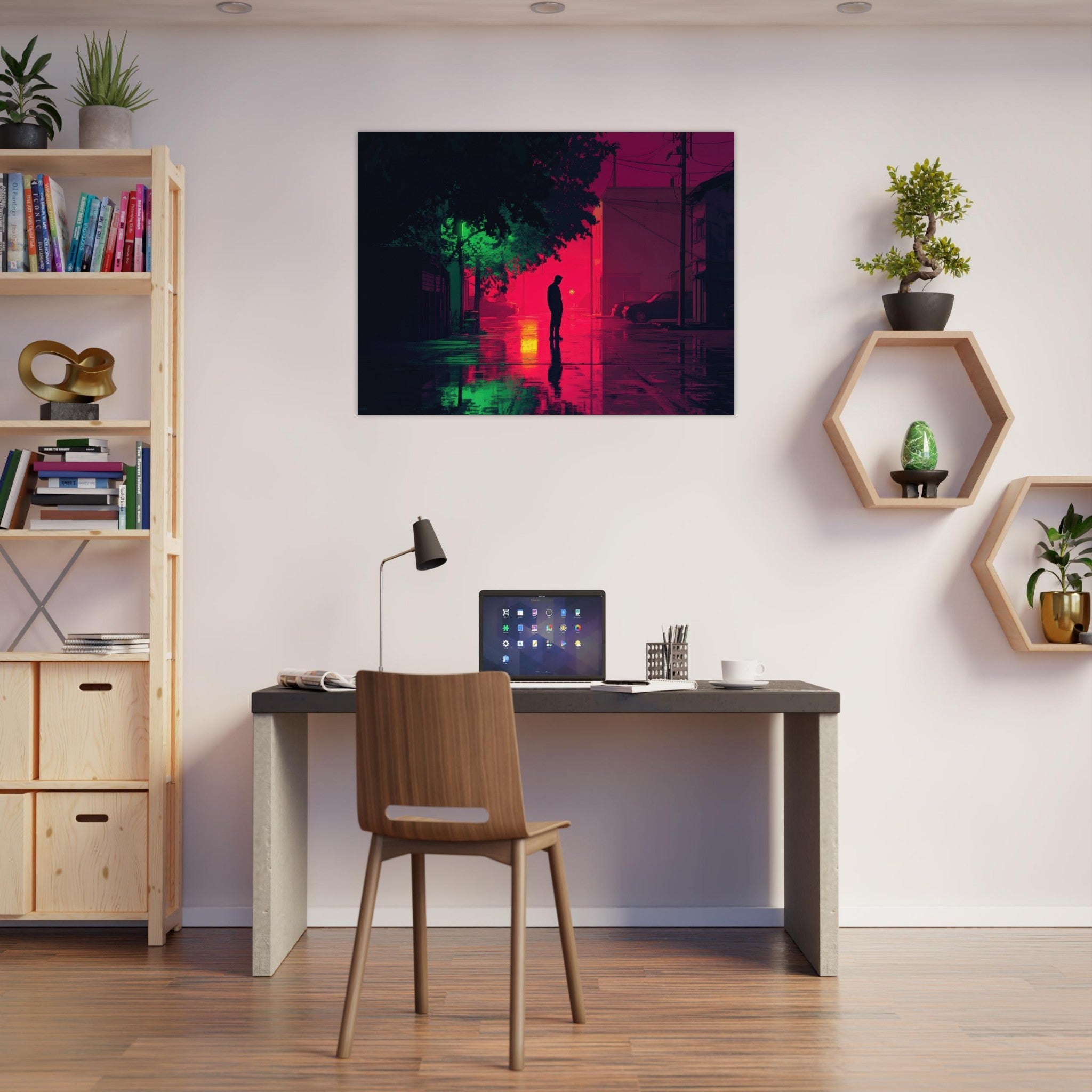 Fine Art Poster Landscape - A city where neon lights create impossible rifle 4 - Shop Ai Art WebShop - Digital Art online Store