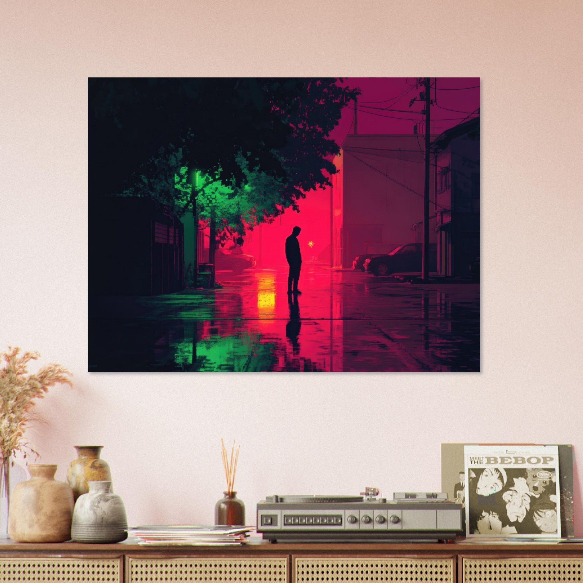 Fine Art Poster Landscape - A city where neon lights create impossible rifle 4 - Shop Ai Art WebShop - Digital Art online Store