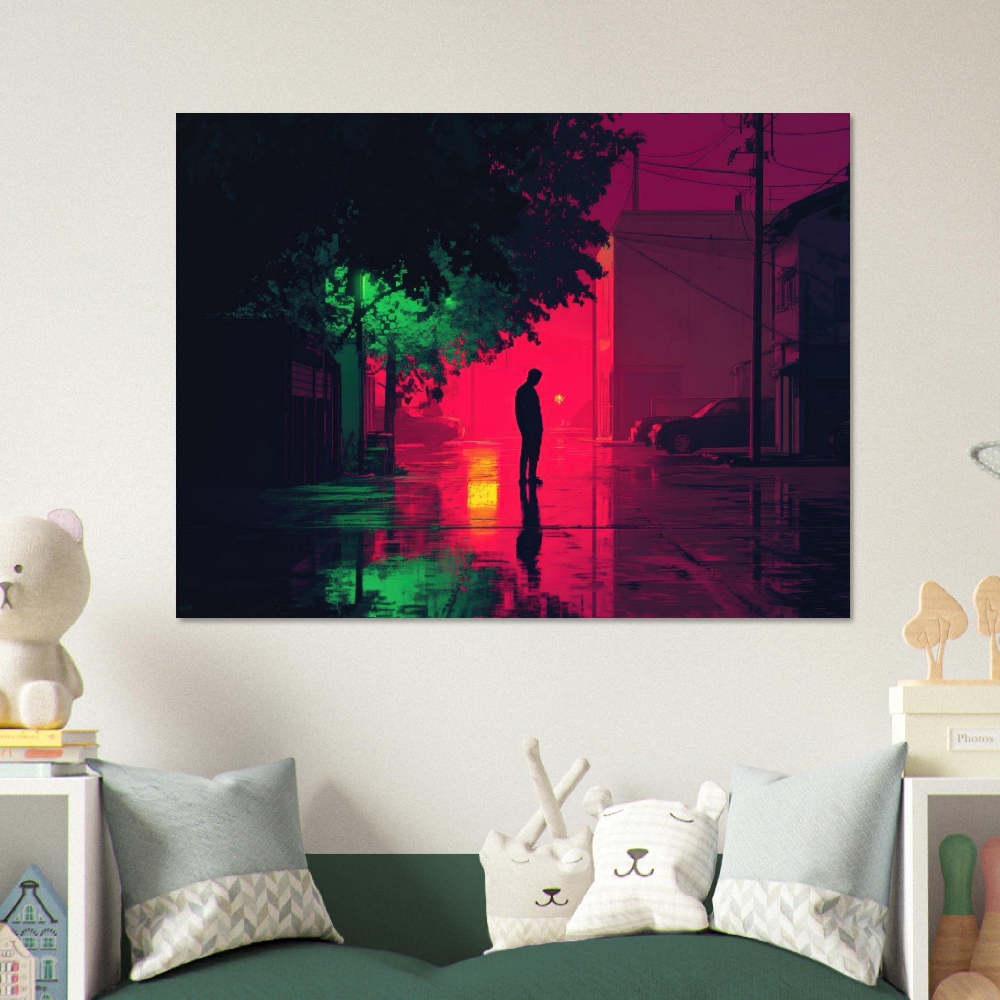 Fine Art Poster Landscape - A city where neon lights create impossible rifle 4 - Shop Ai Art WebShop - Digital Art online Store