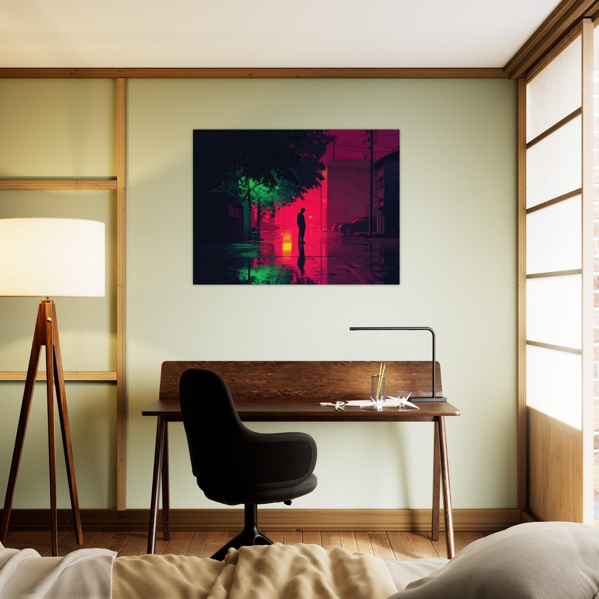 Fine Art Poster Landscape - A city where neon lights create impossible rifle 4 - Shop Ai Art WebShop - Digital Art online Store