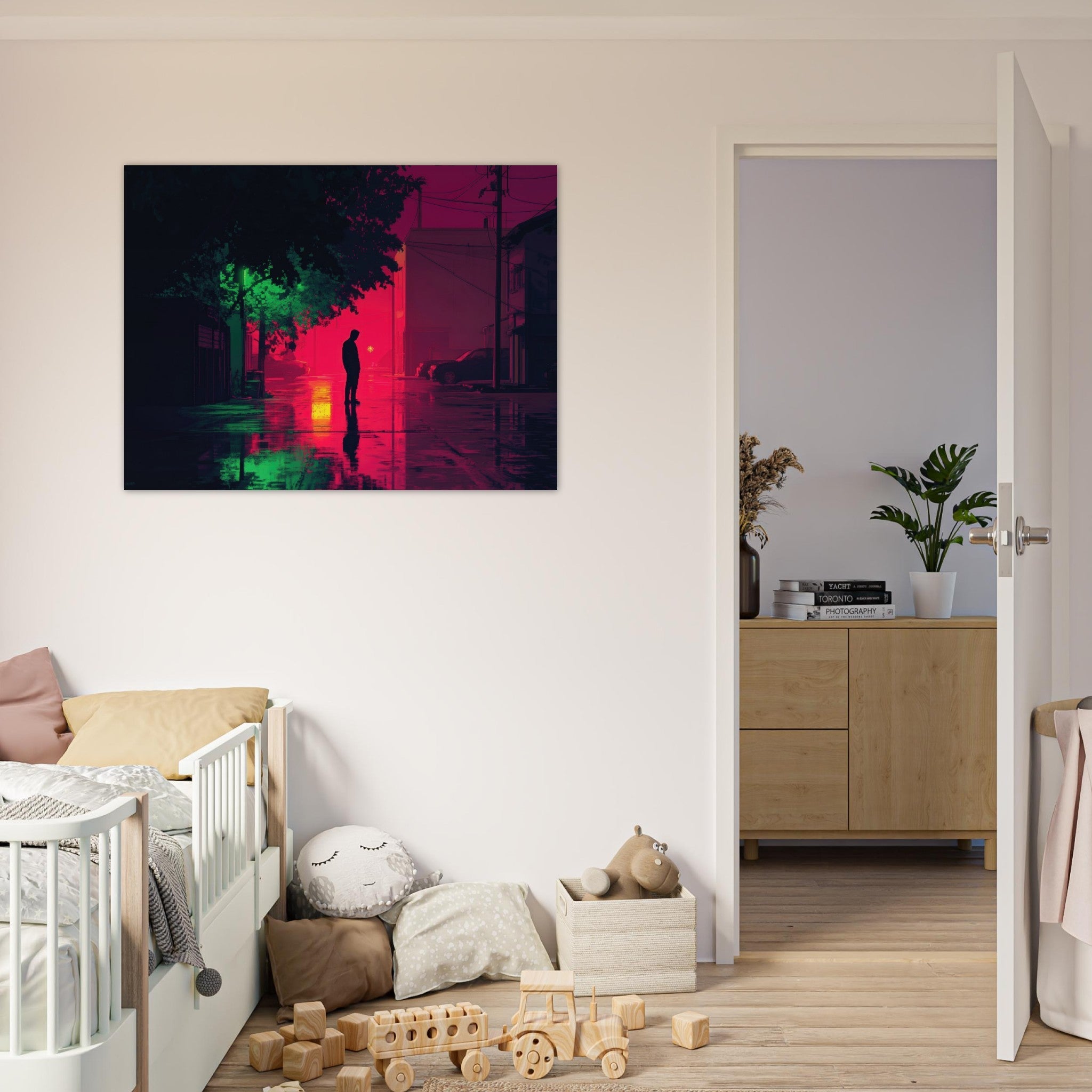 Fine Art Poster Landscape - A city where neon lights create impossible rifle 4 - Shop Ai Art WebShop - Digital Art online Store