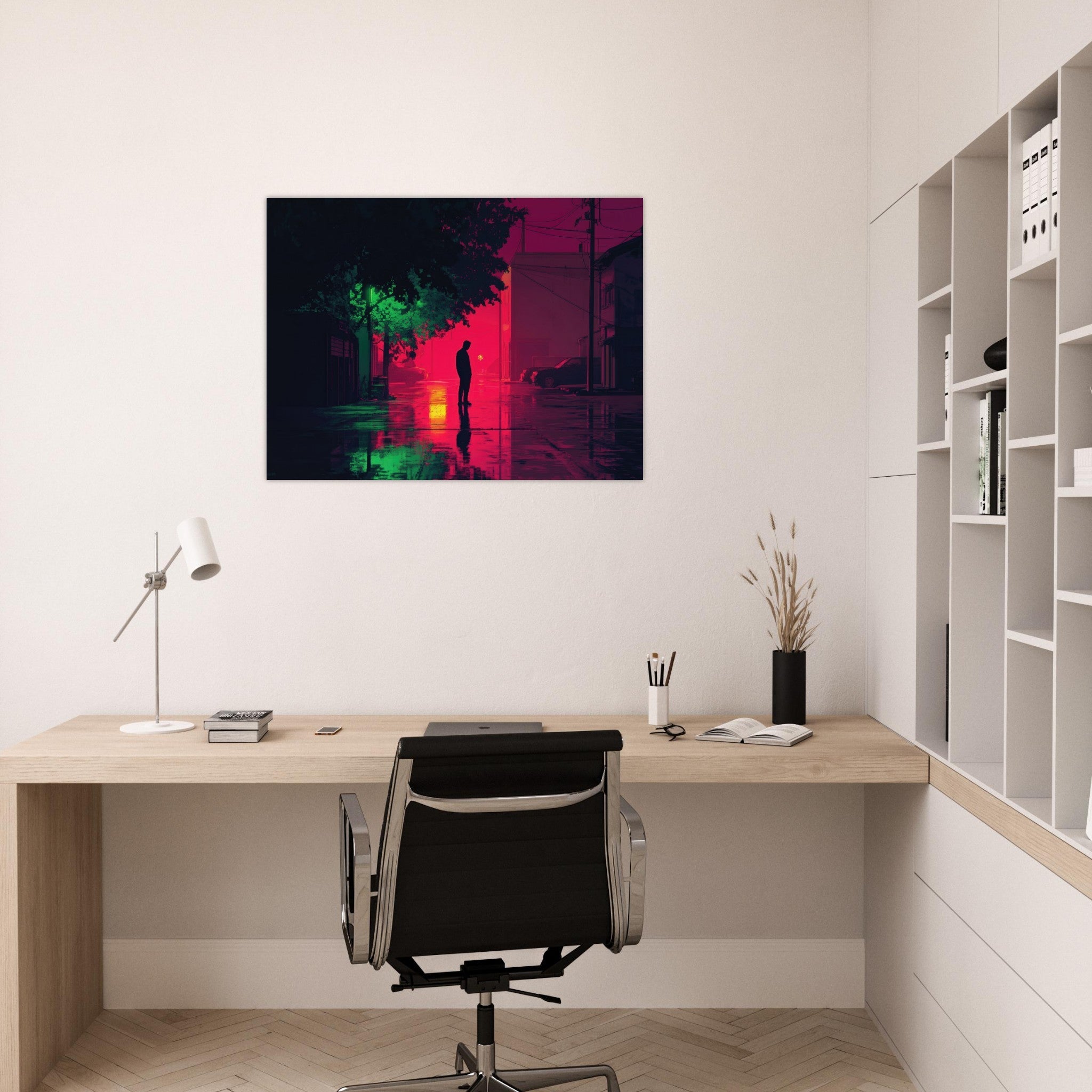 Fine Art Poster Landscape - A city where neon lights create impossible rifle 4 - Shop Ai Art WebShop - Digital Art online Store