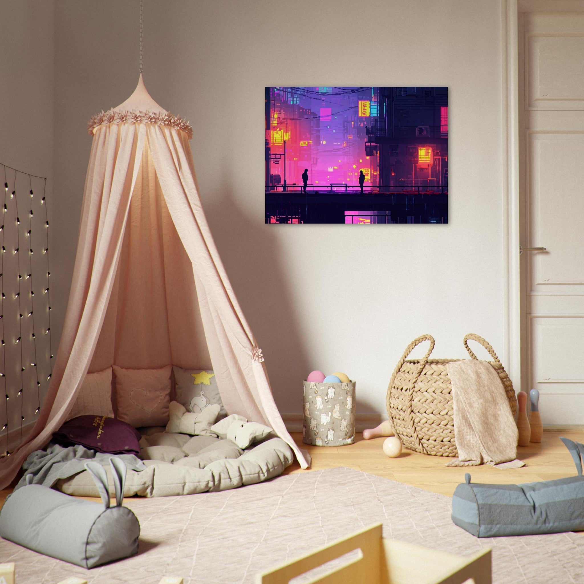 Fine Art Poster Landscape - A city where neon lights create impossible rifle 5 - Shop Ai Art WebShop - Digital Art online Store