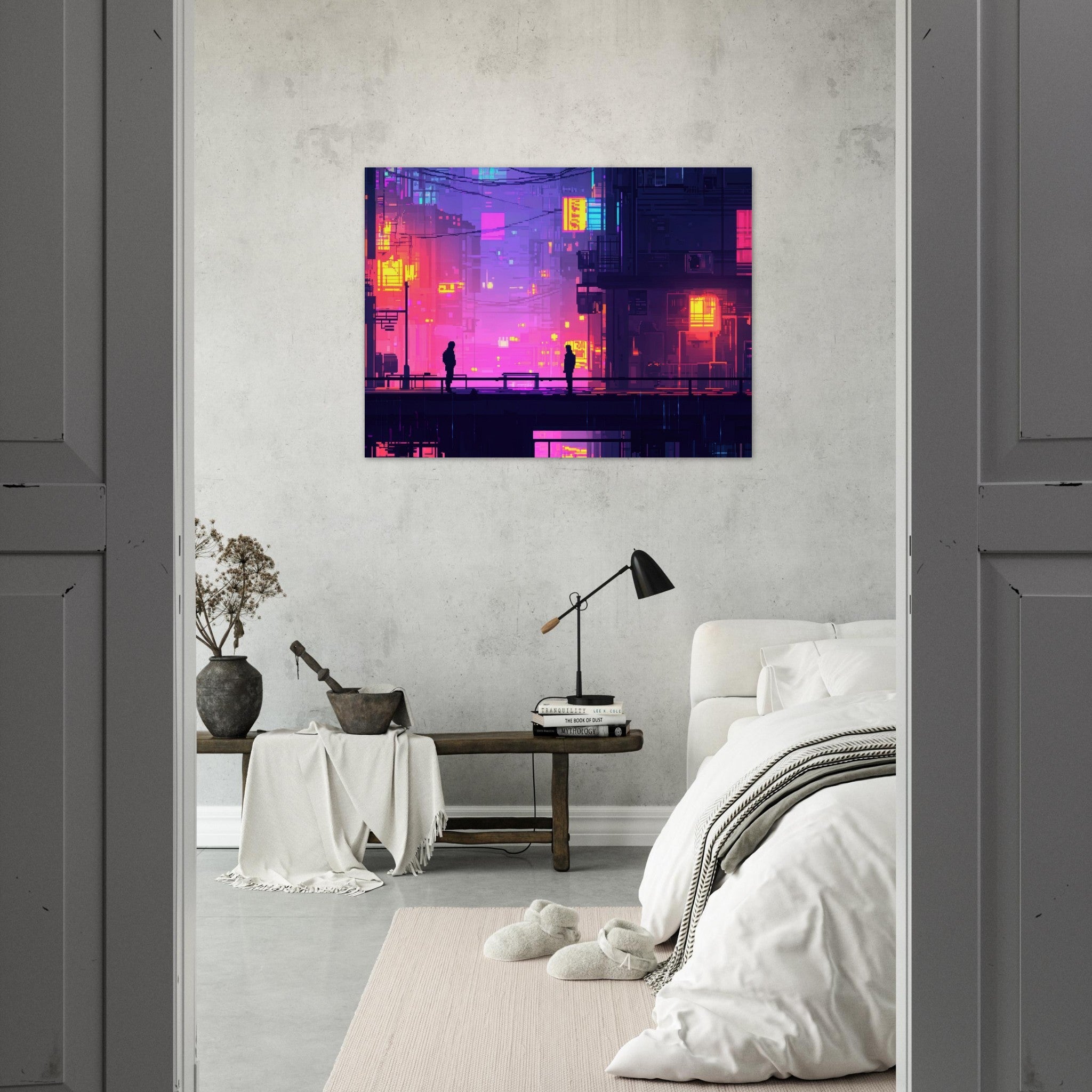 Fine Art Poster Landscape - A city where neon lights create impossible rifle 5 - Shop Ai Art WebShop - Digital Art online Store