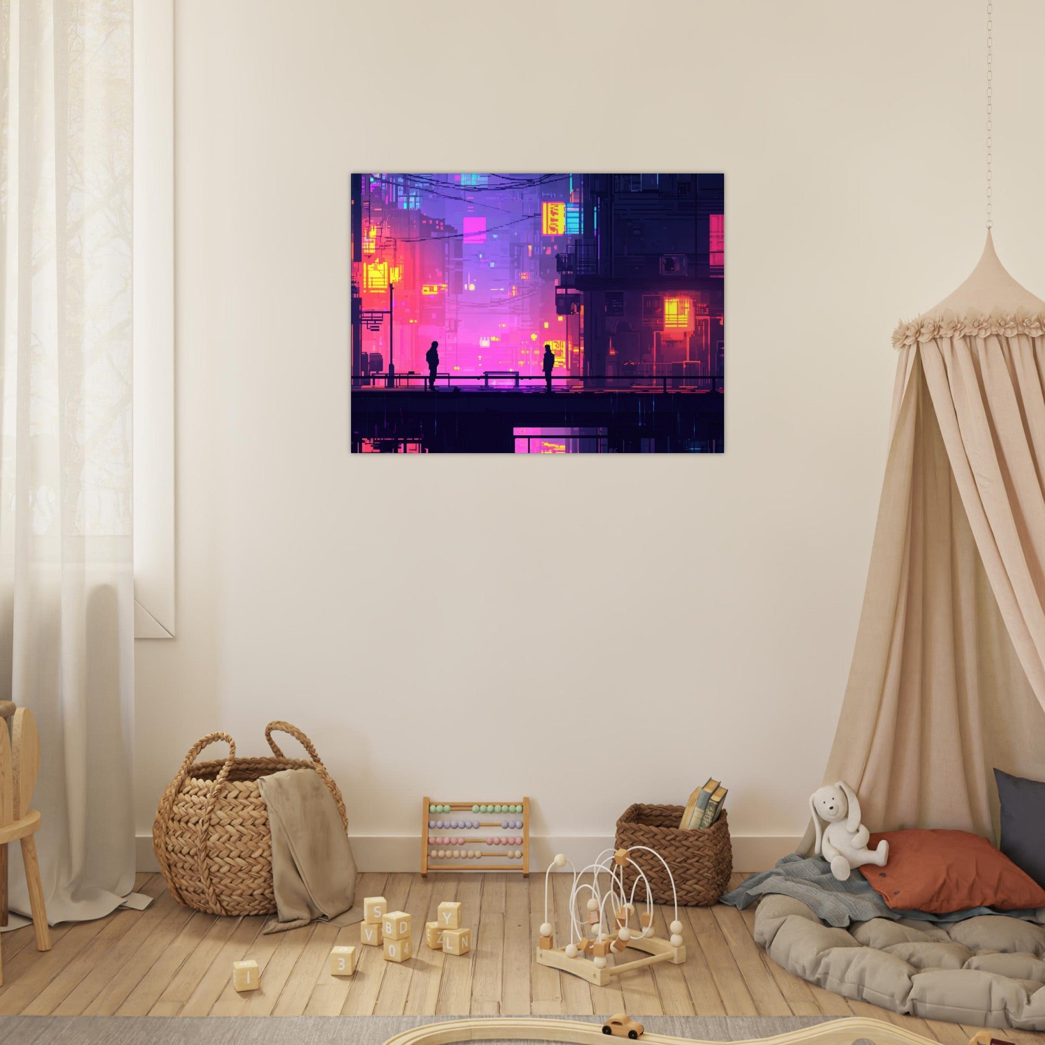 Fine Art Poster Landscape - A city where neon lights create impossible rifle 5 - Shop Ai Art WebShop - Digital Art online Store