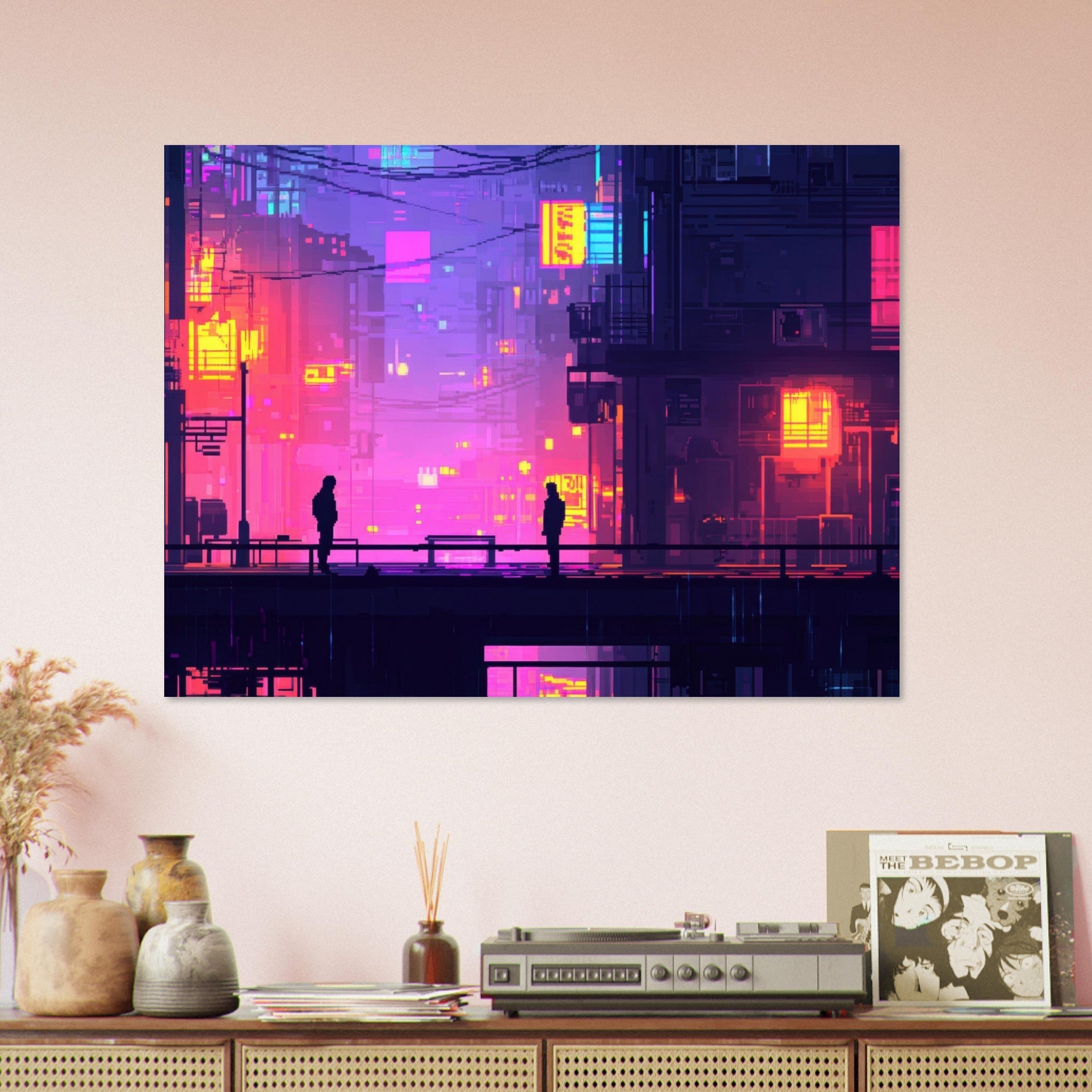 Fine Art Poster Landscape - A city where neon lights create impossible rifle 5 - Shop Ai Art WebShop - Digital Art online Store