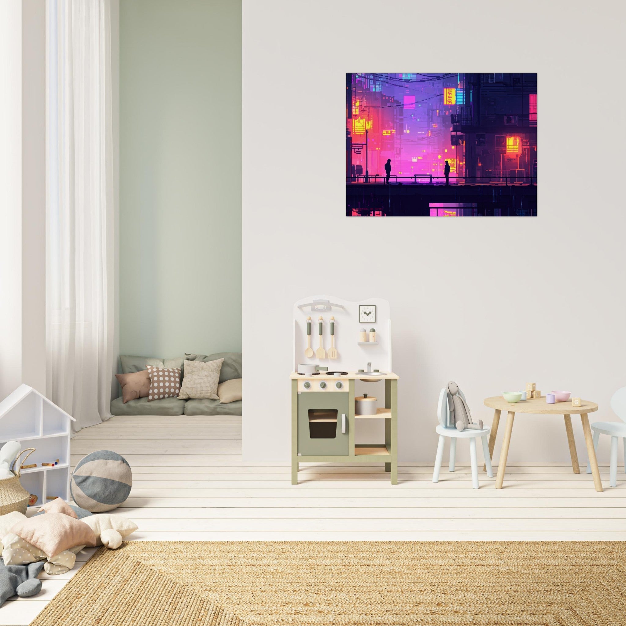 Fine Art Poster Landscape - A city where neon lights create impossible rifle 5 - Shop Ai Art WebShop - Digital Art online Store