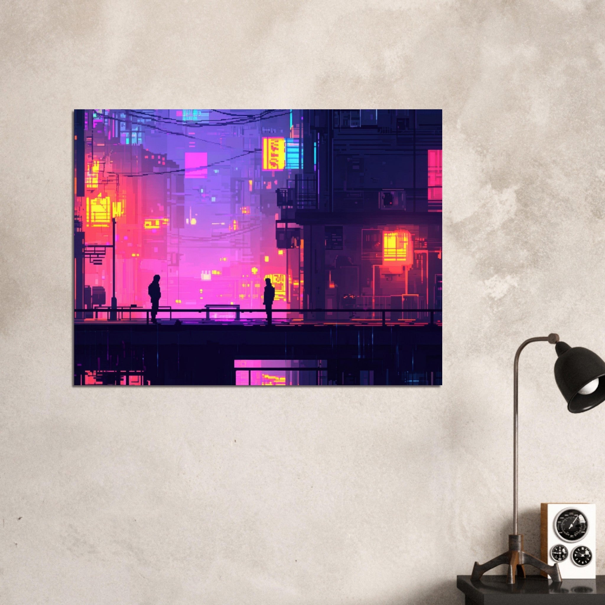 Fine Art Poster Landscape - A city where neon lights create impossible rifle 5 - Shop Ai Art WebShop - Digital Art online Store