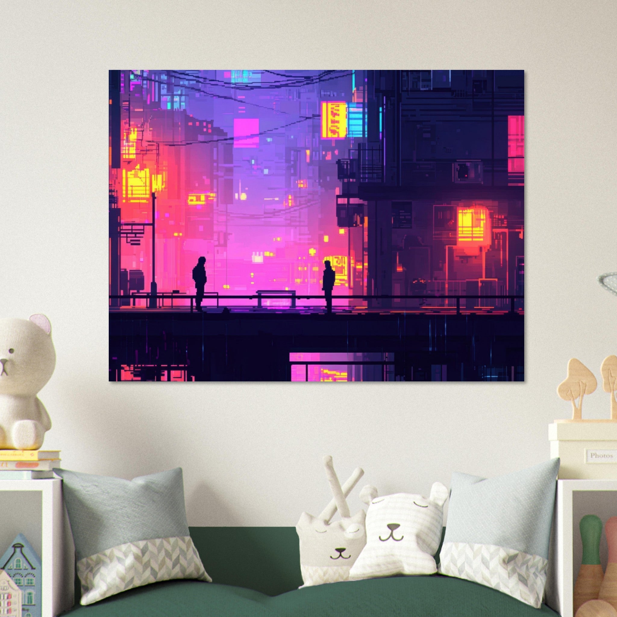 Fine Art Poster Landscape - A city where neon lights create impossible rifle 5 - Shop Ai Art WebShop - Digital Art online Store