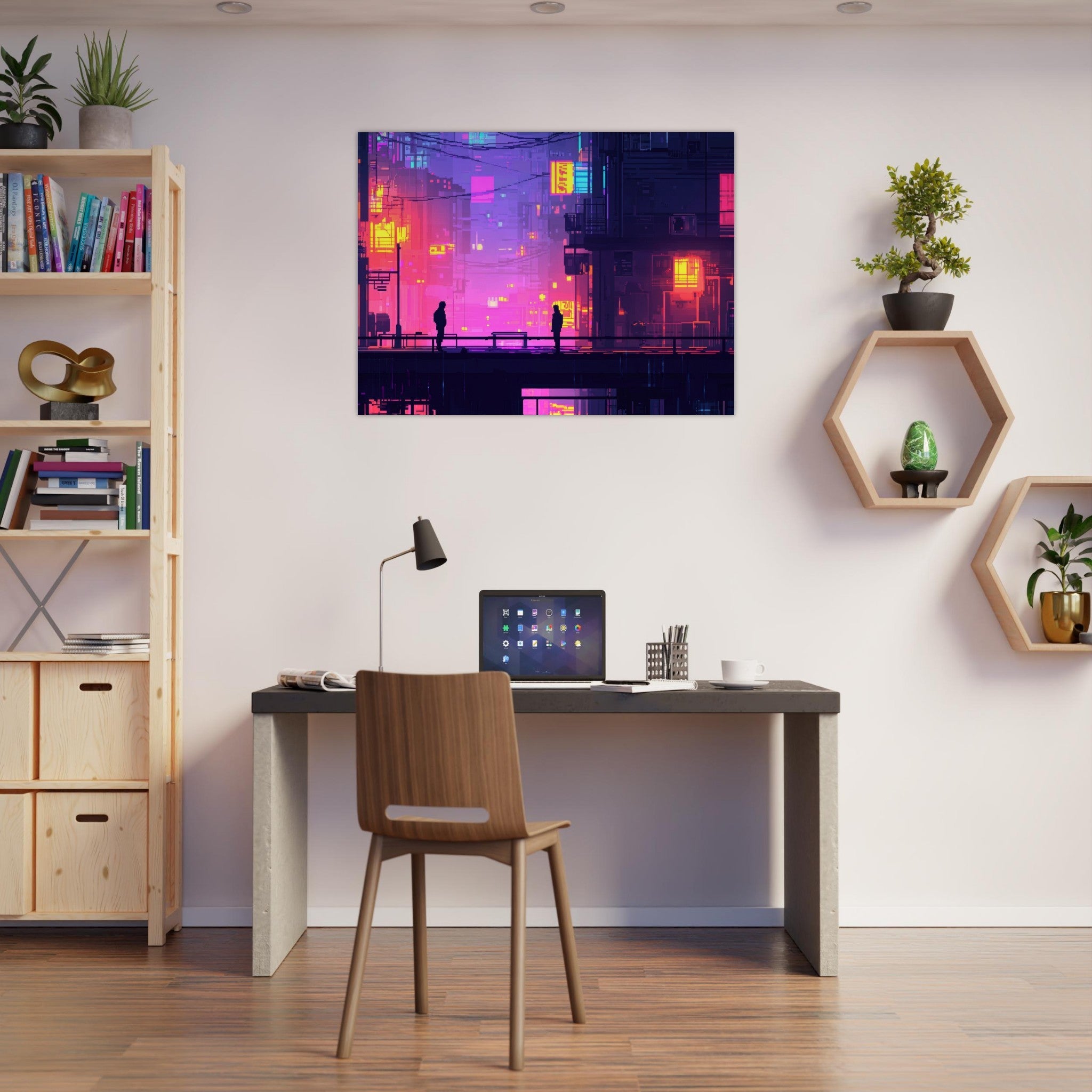 Fine Art Poster Landscape - A city where neon lights create impossible rifle 5 - Shop Ai Art WebShop - Digital Art online Store