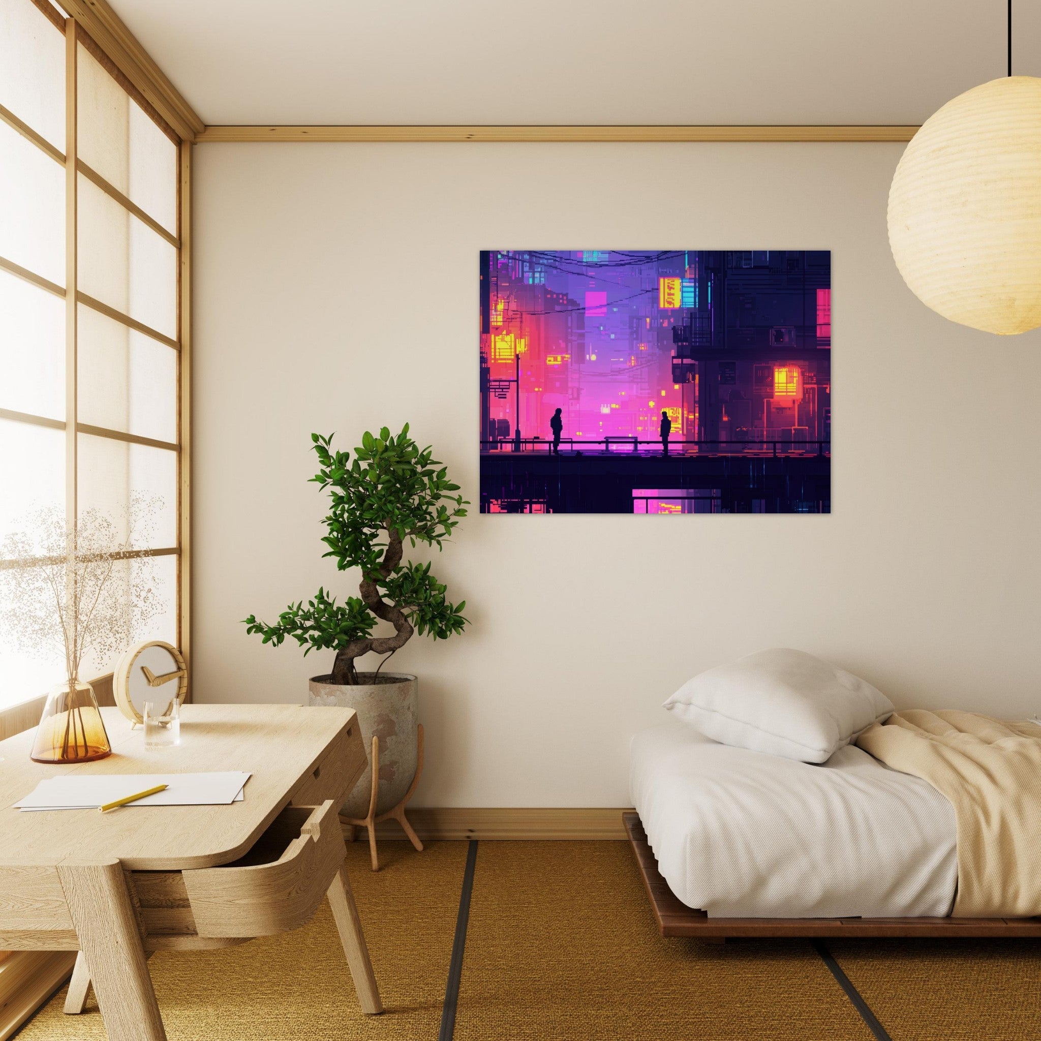 Fine Art Poster Landscape - A city where neon lights create impossible rifle 5 - Shop Ai Art WebShop - Digital Art online Store