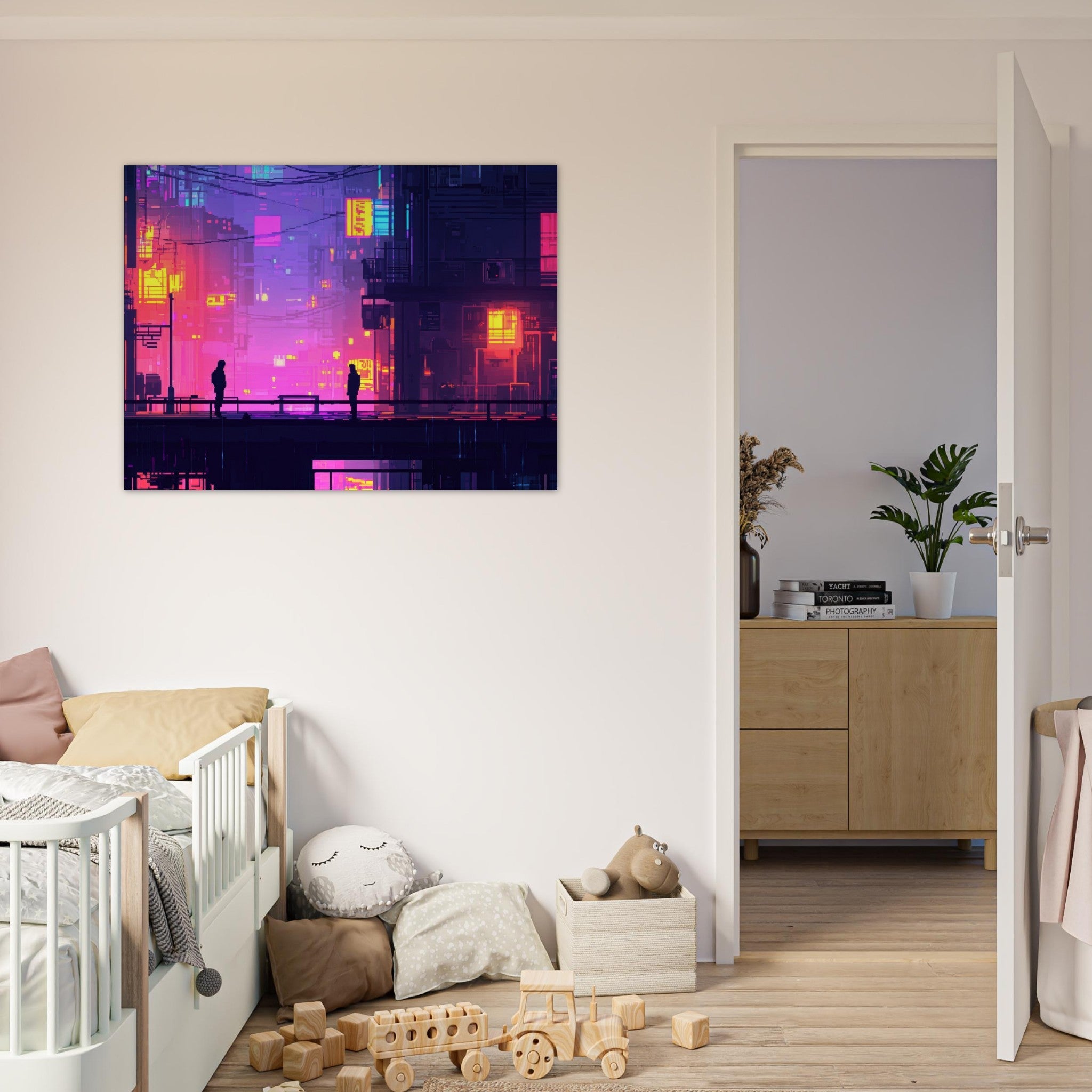 Fine Art Poster Landscape - A city where neon lights create impossible rifle 5 - Shop Ai Art WebShop - Digital Art online Store