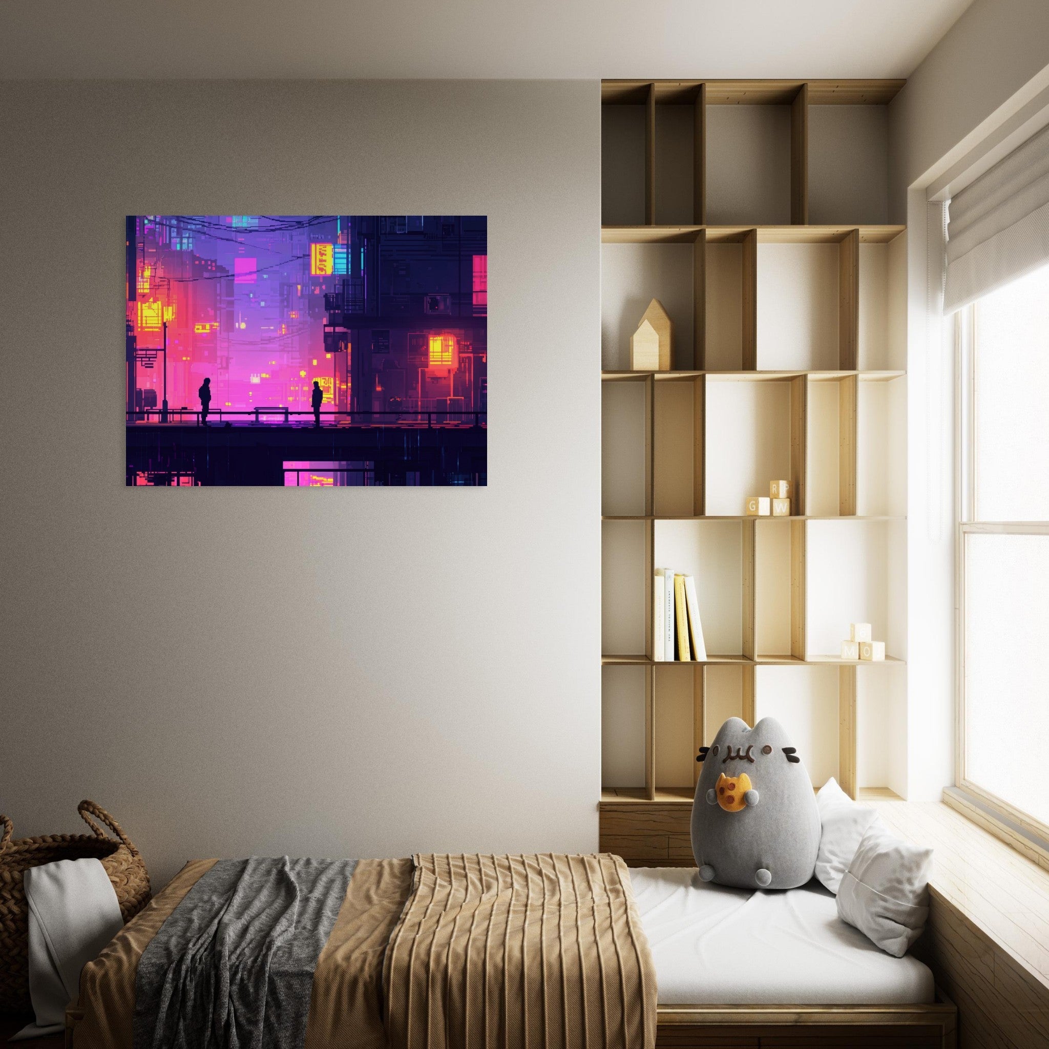 Fine Art Poster Landscape - A city where neon lights create impossible rifle 5 - Shop Ai Art WebShop - Digital Art online Store