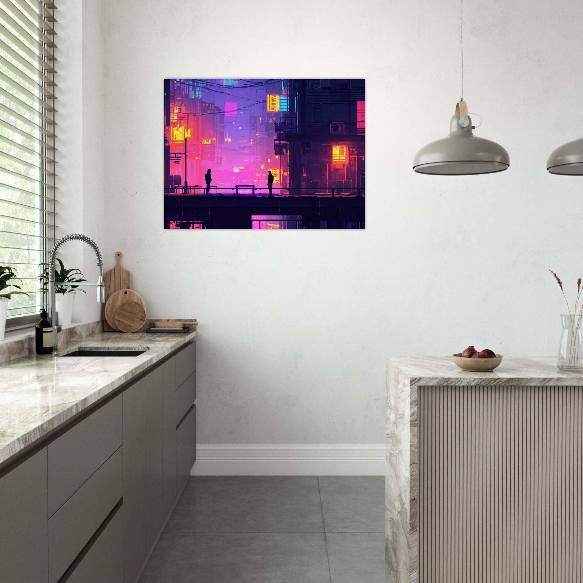 Fine Art Poster Landscape - A city where neon lights create impossible rifle 5 - Shop Ai Art WebShop - Digital Art online Store