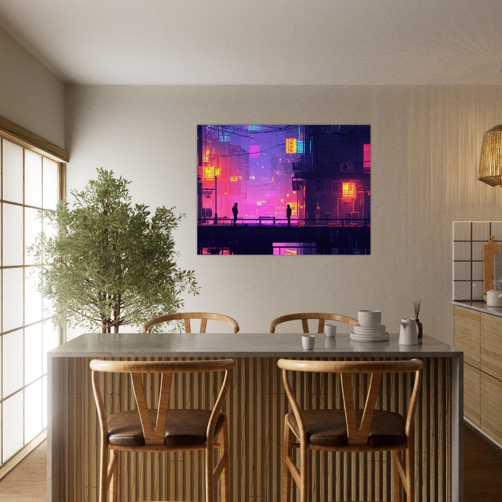 Fine Art Poster Landscape - A city where neon lights create impossible rifle 5 - Shop Ai Art WebShop - Digital Art online Store
