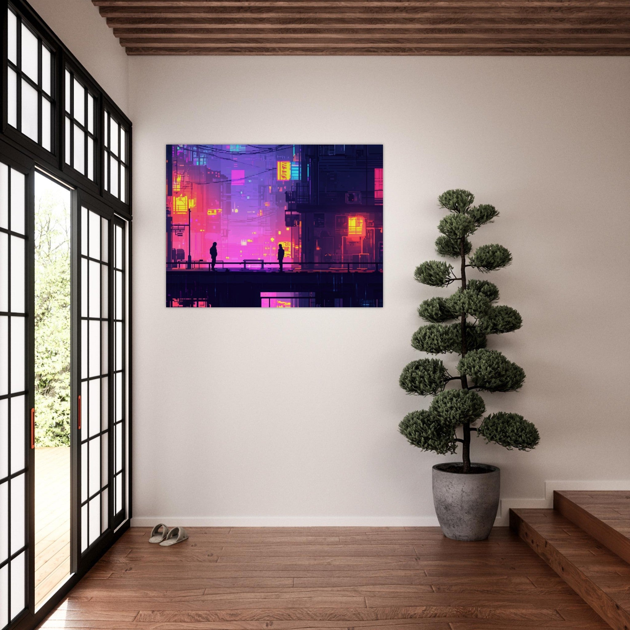 Fine Art Poster Landscape - A city where neon lights create impossible rifle 5 - Shop Ai Art WebShop - Digital Art online Store