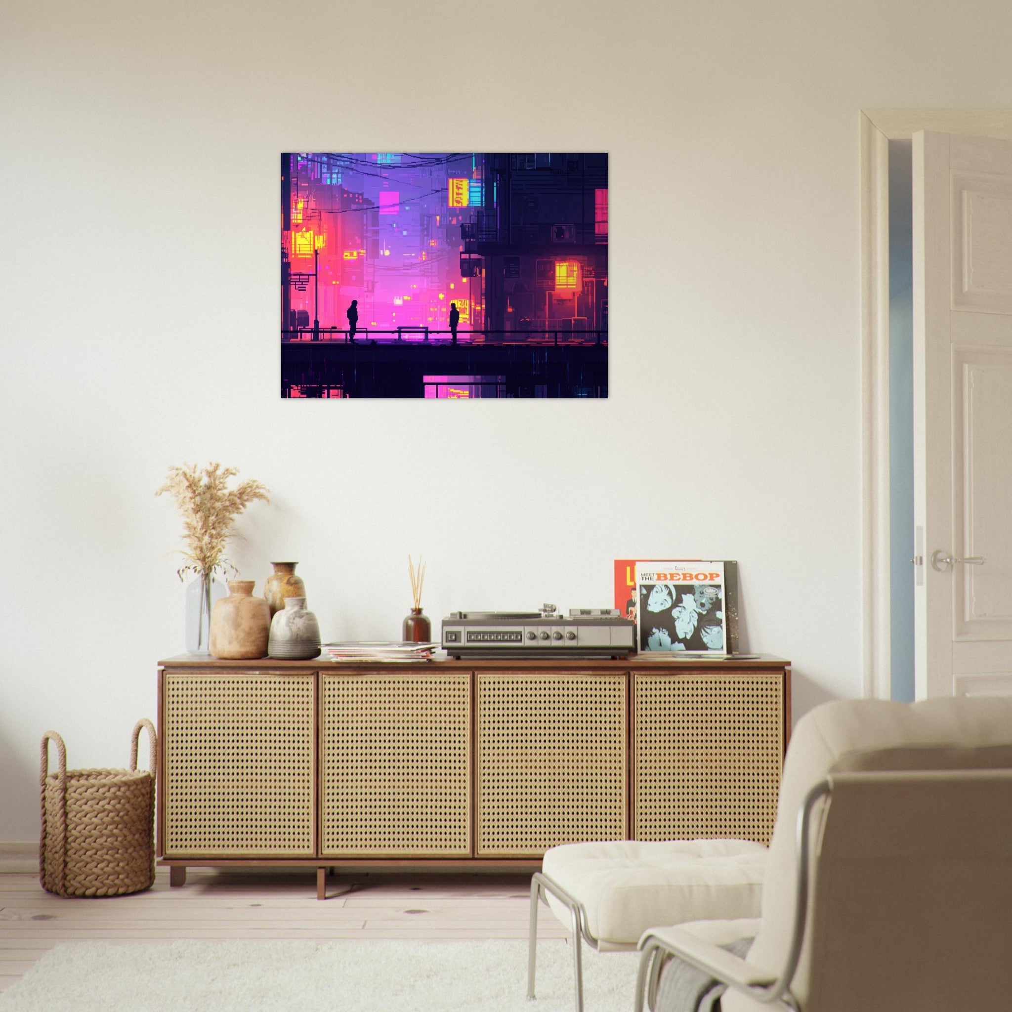 Fine Art Poster Landscape - A city where neon lights create impossible rifle 5 - Shop Ai Art WebShop - Digital Art online Store