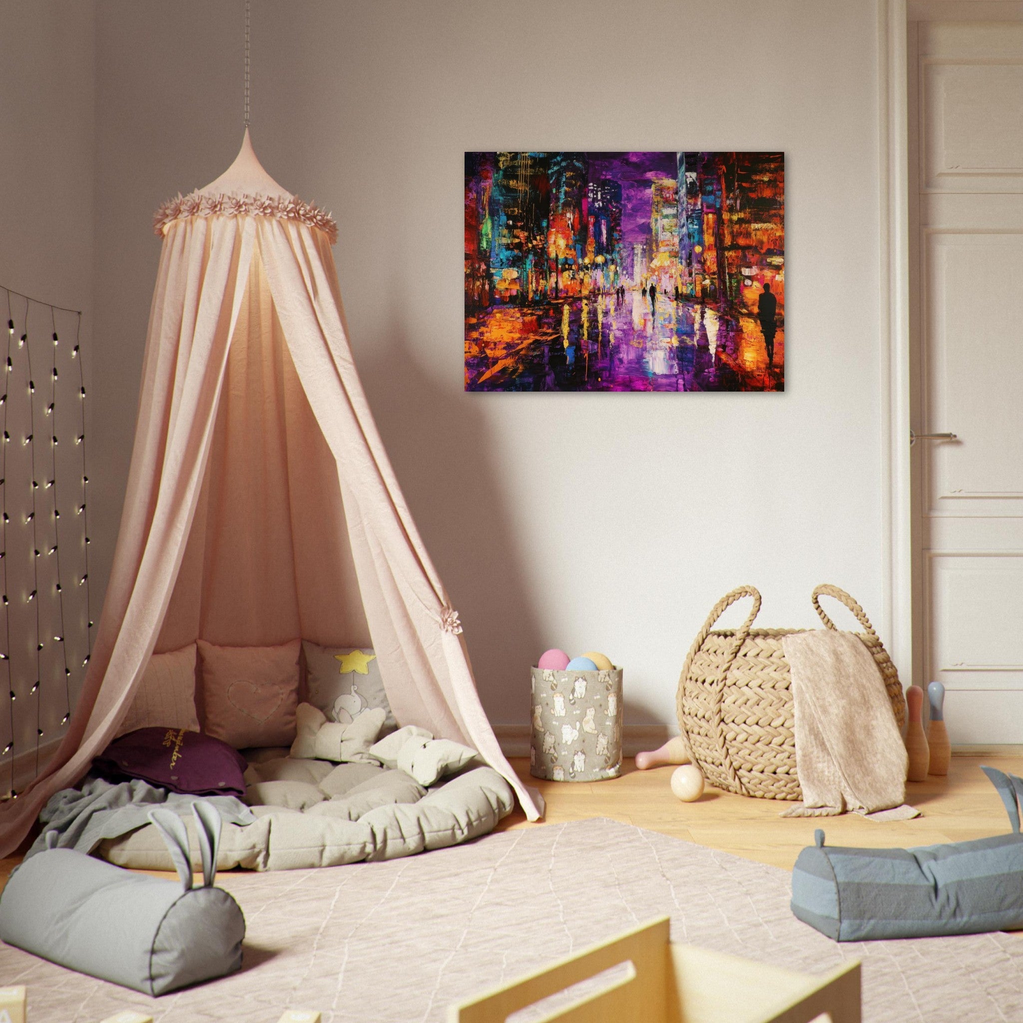 Fine Art Poster Landscape - A cityscape bathed in the dim glow of streetligh - Shop Ai Art WebShop - Digital Art online Store