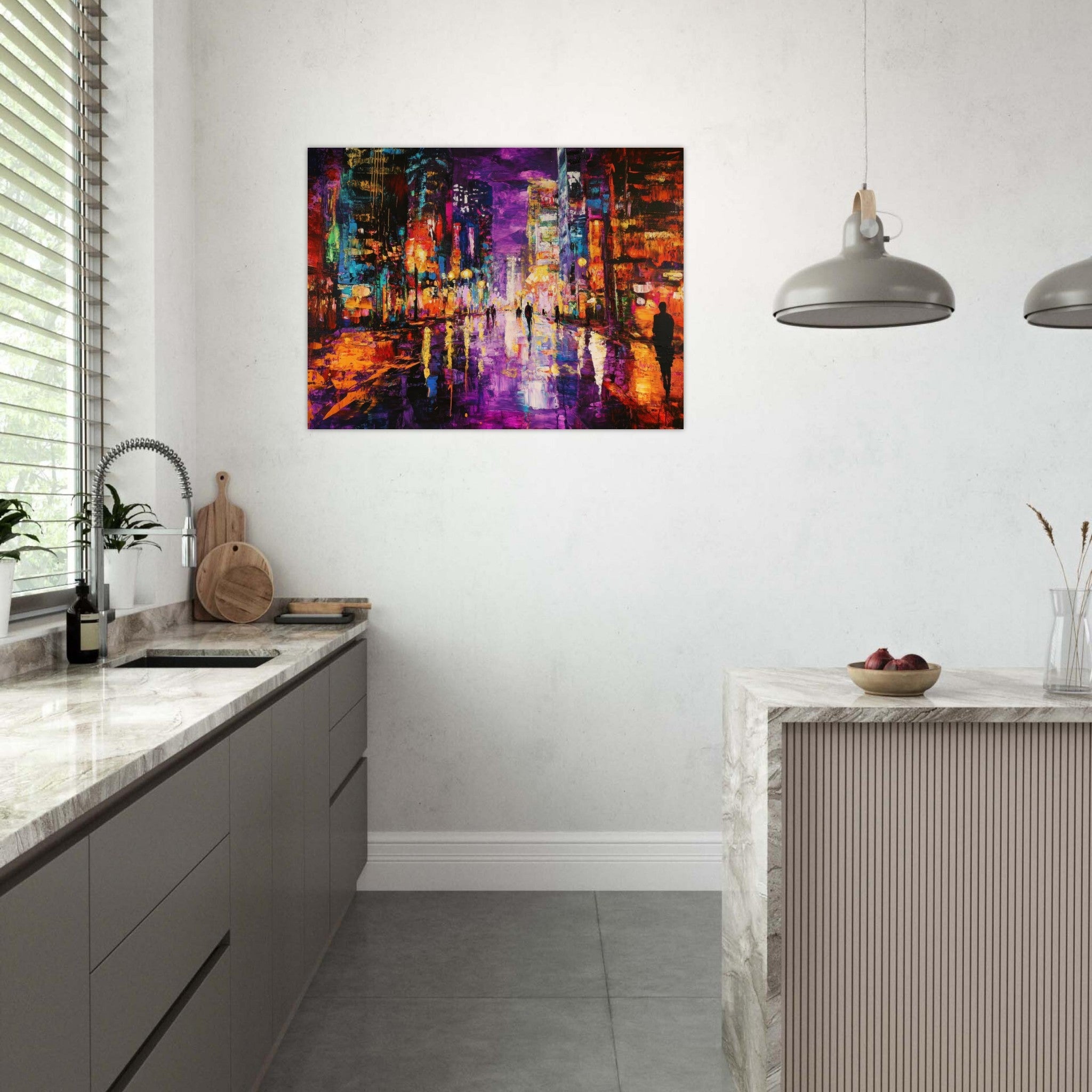 Fine Art Poster Landscape - A cityscape bathed in the dim glow of streetligh - Shop Ai Art WebShop - Digital Art online Store