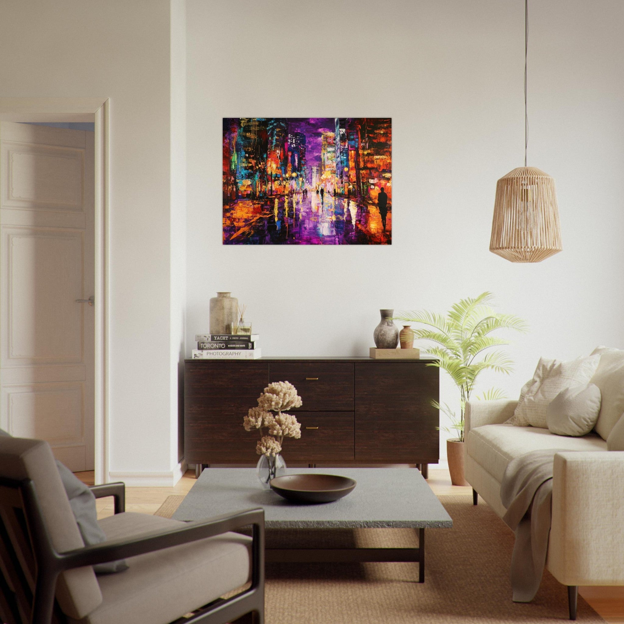Fine Art Poster Landscape - A cityscape bathed in the dim glow of streetligh - Shop Ai Art WebShop - Digital Art online Store