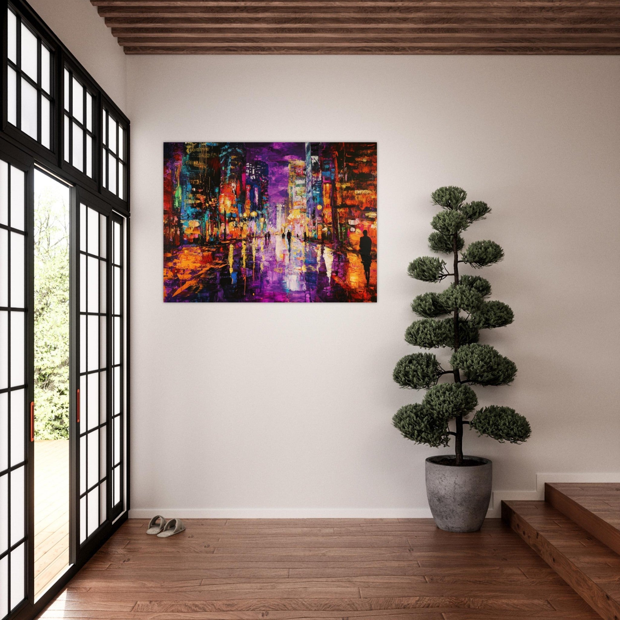 Fine Art Poster Landscape - A cityscape bathed in the dim glow of streetligh - Shop Ai Art WebShop - Digital Art online Store