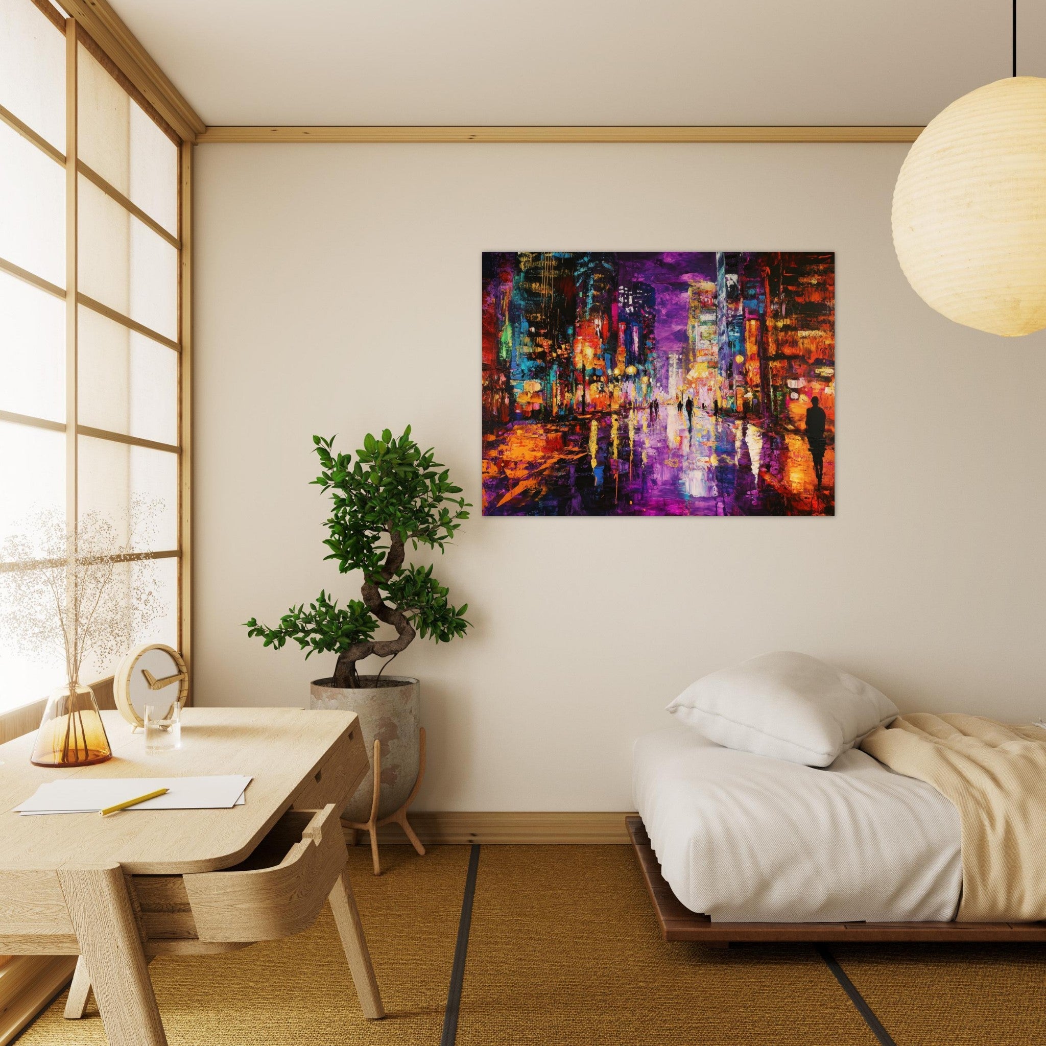 Fine Art Poster Landscape - A cityscape bathed in the dim glow of streetligh - Shop Ai Art WebShop - Digital Art online Store