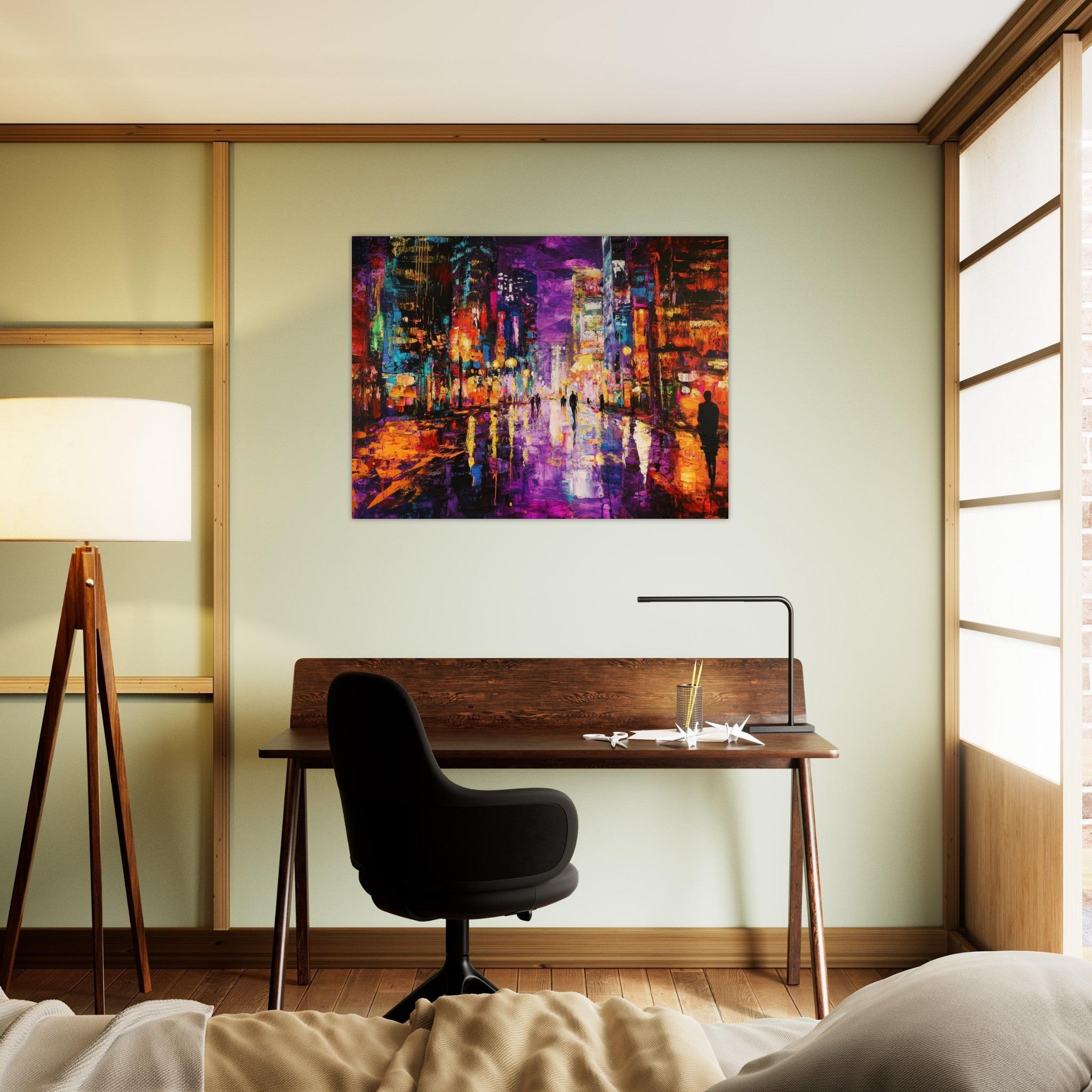Fine Art Poster Landscape - A cityscape bathed in the dim glow of streetligh - Shop Ai Art WebShop - Digital Art online Store