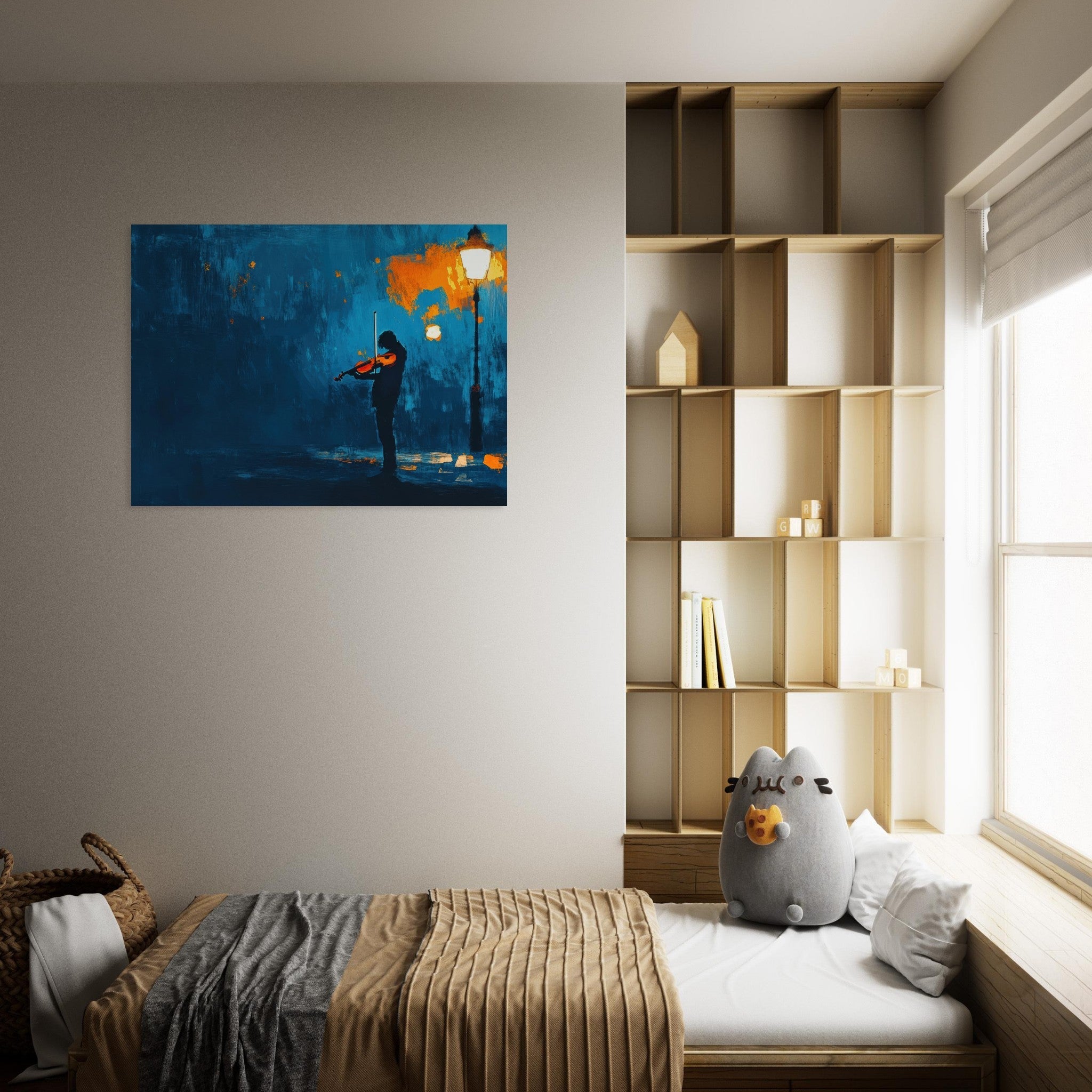 Fine Art Poster Landscape - A lone violinist stands beneath a flickering sir 2 - Shop Ai Art WebShop - Digital Art online Store