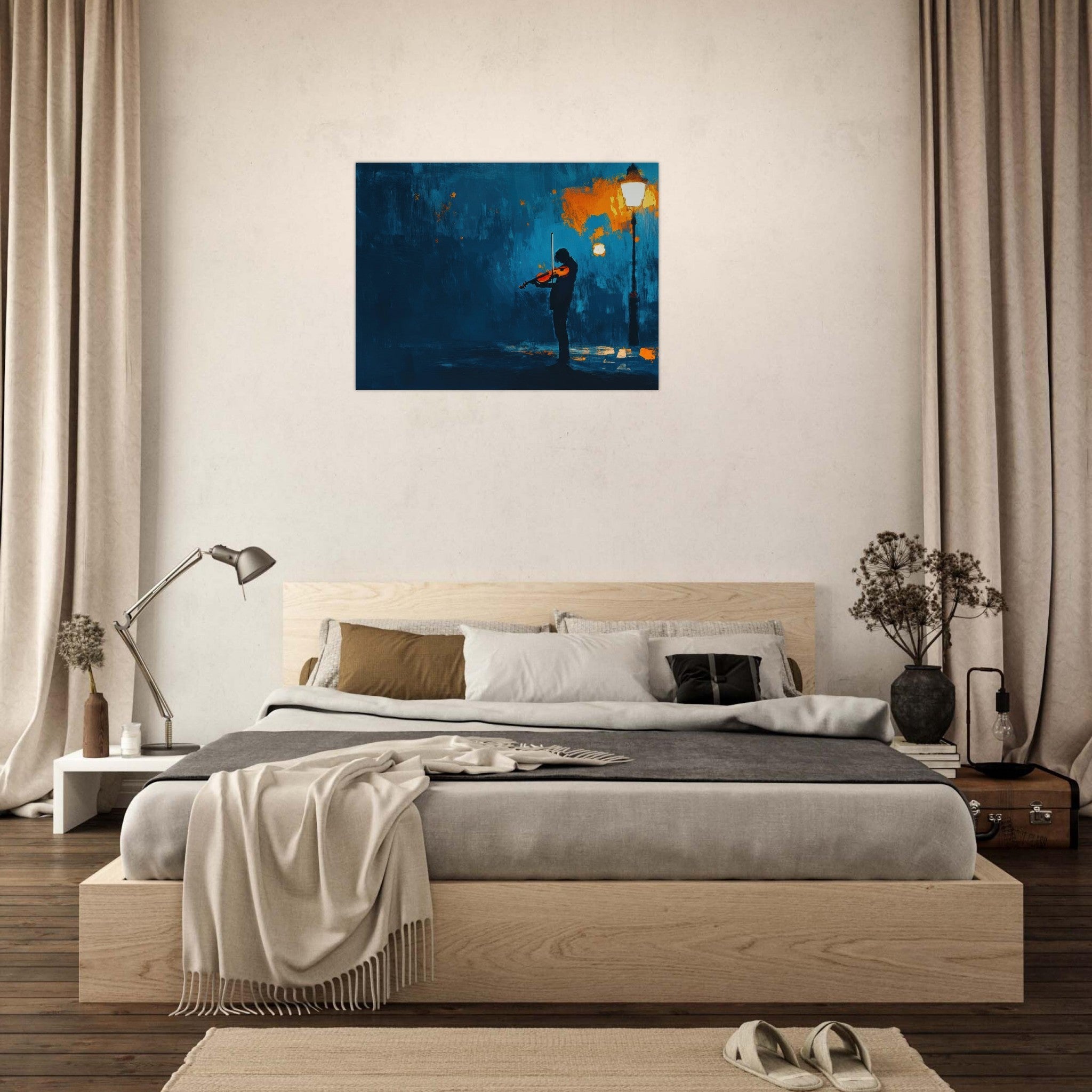 Fine Art Poster Landscape - A lone violinist stands beneath a flickering sir 2 - Shop Ai Art WebShop - Digital Art online Store