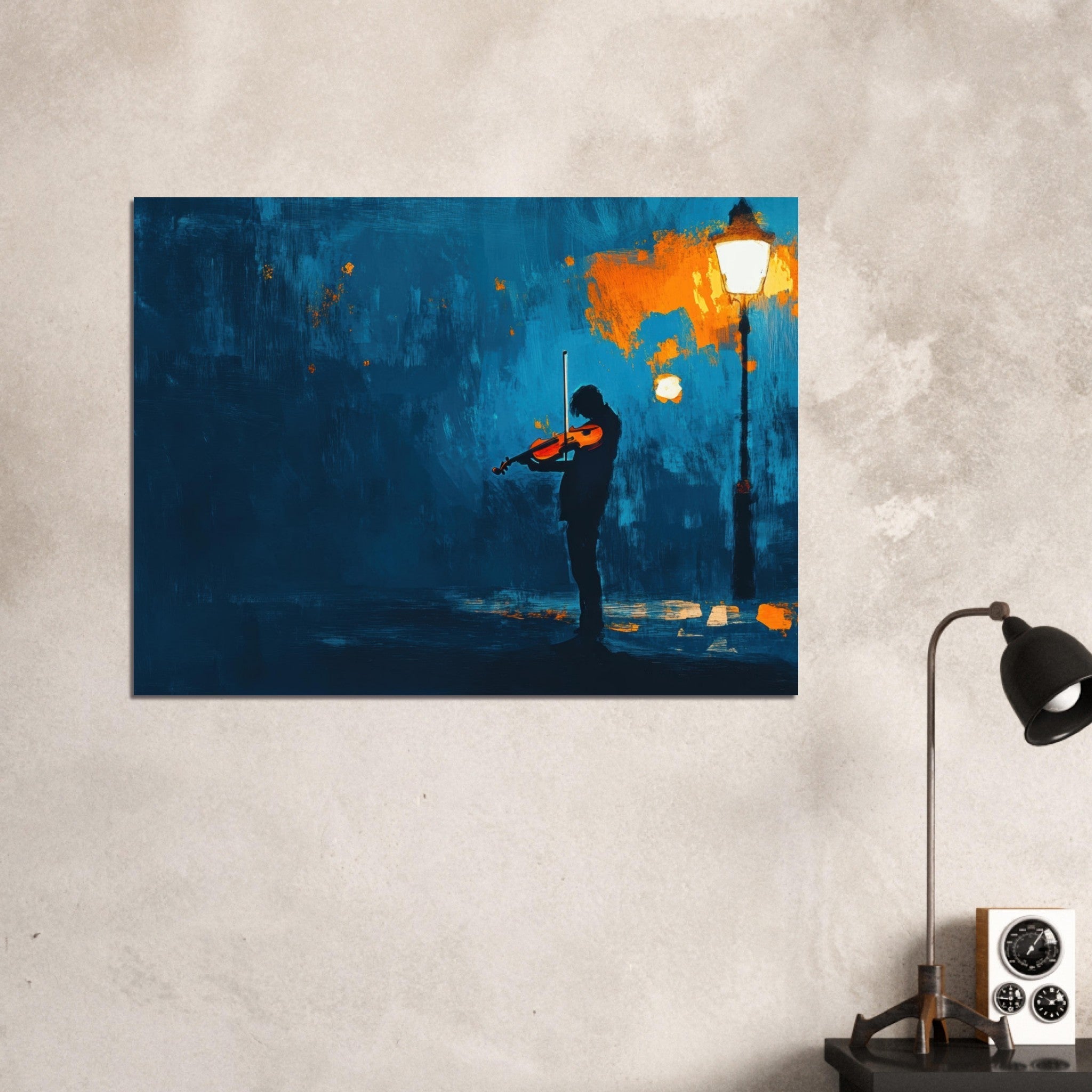 Fine Art Poster Landscape - A lone violinist stands beneath a flickering sir 2 - Shop Ai Art WebShop - Digital Art online Store