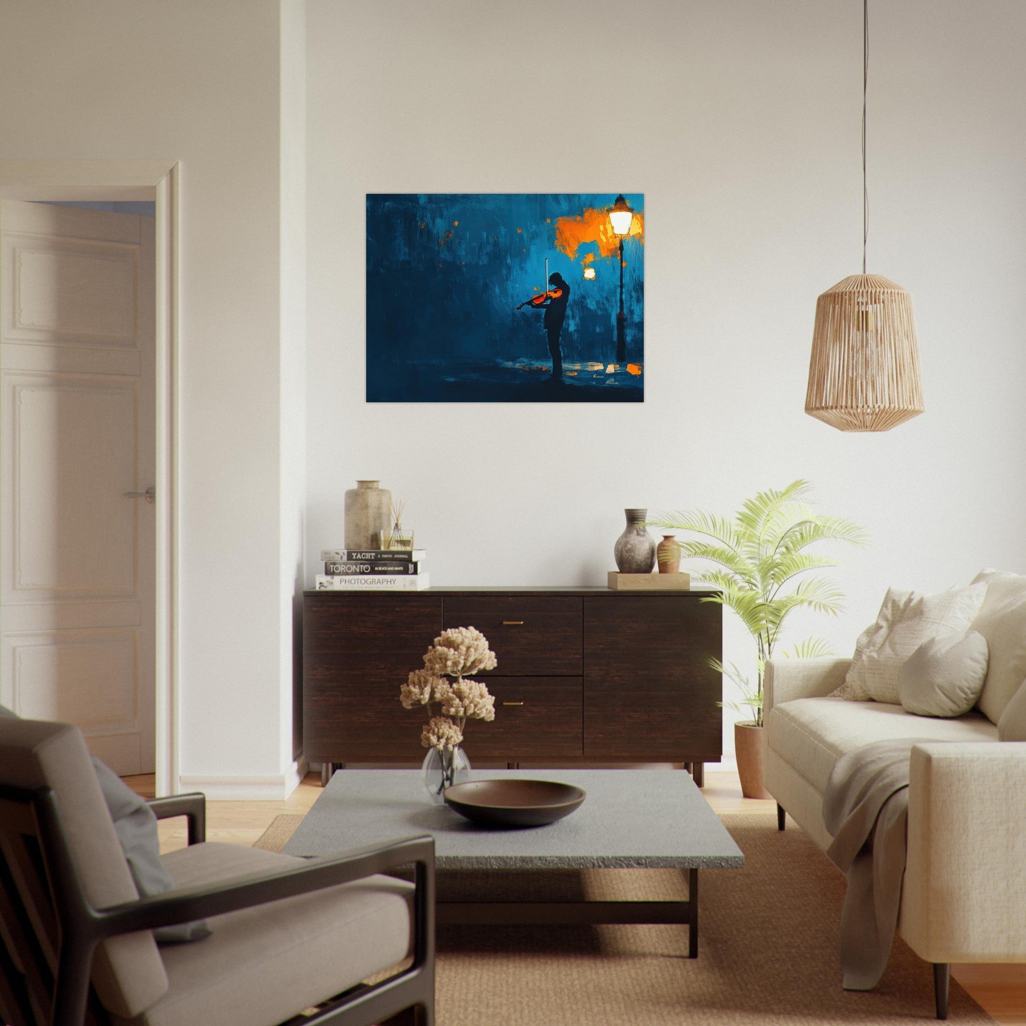 Fine Art Poster Landscape - A lone violinist stands beneath a flickering sir 2 - Shop Ai Art WebShop - Digital Art online Store