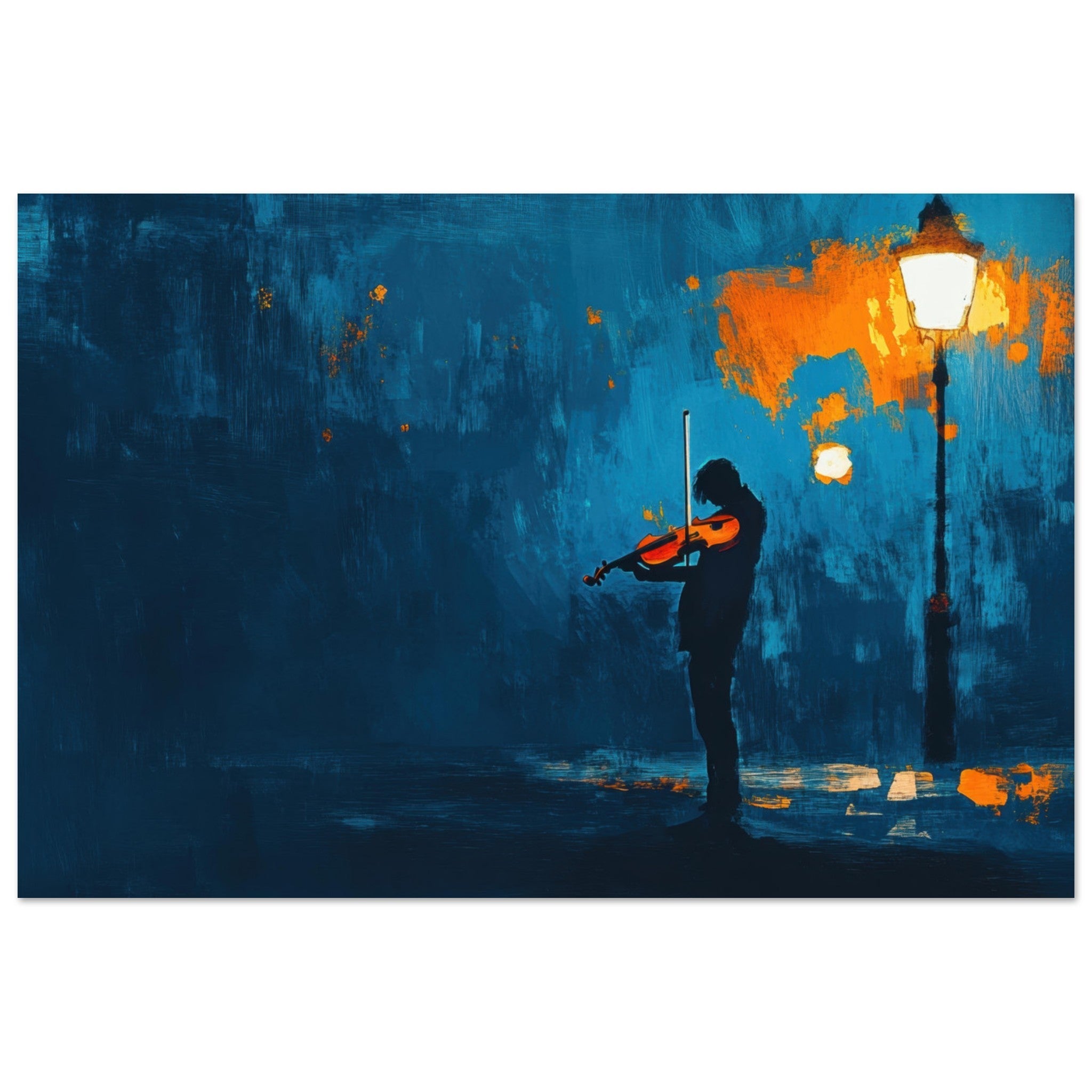 Fine Art Poster Landscape - A lone violinist stands beneath a flickering sir 2 - Shop Ai Art WebShop - Digital Art online Store