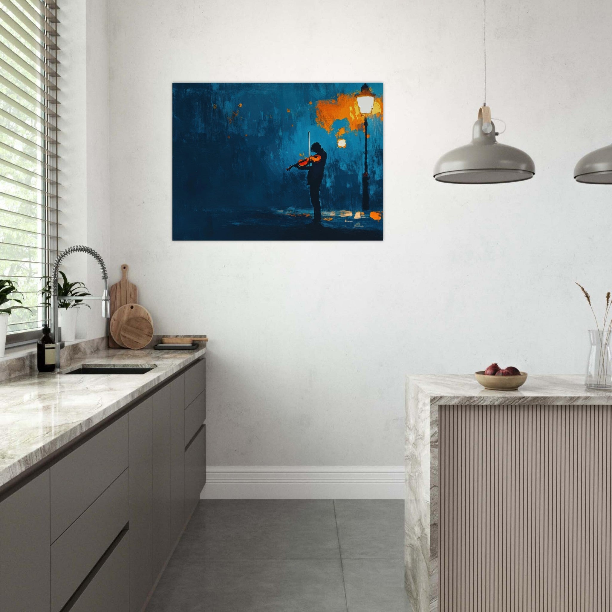 Fine Art Poster Landscape - A lone violinist stands beneath a flickering sir 2 - Shop Ai Art WebShop - Digital Art online Store