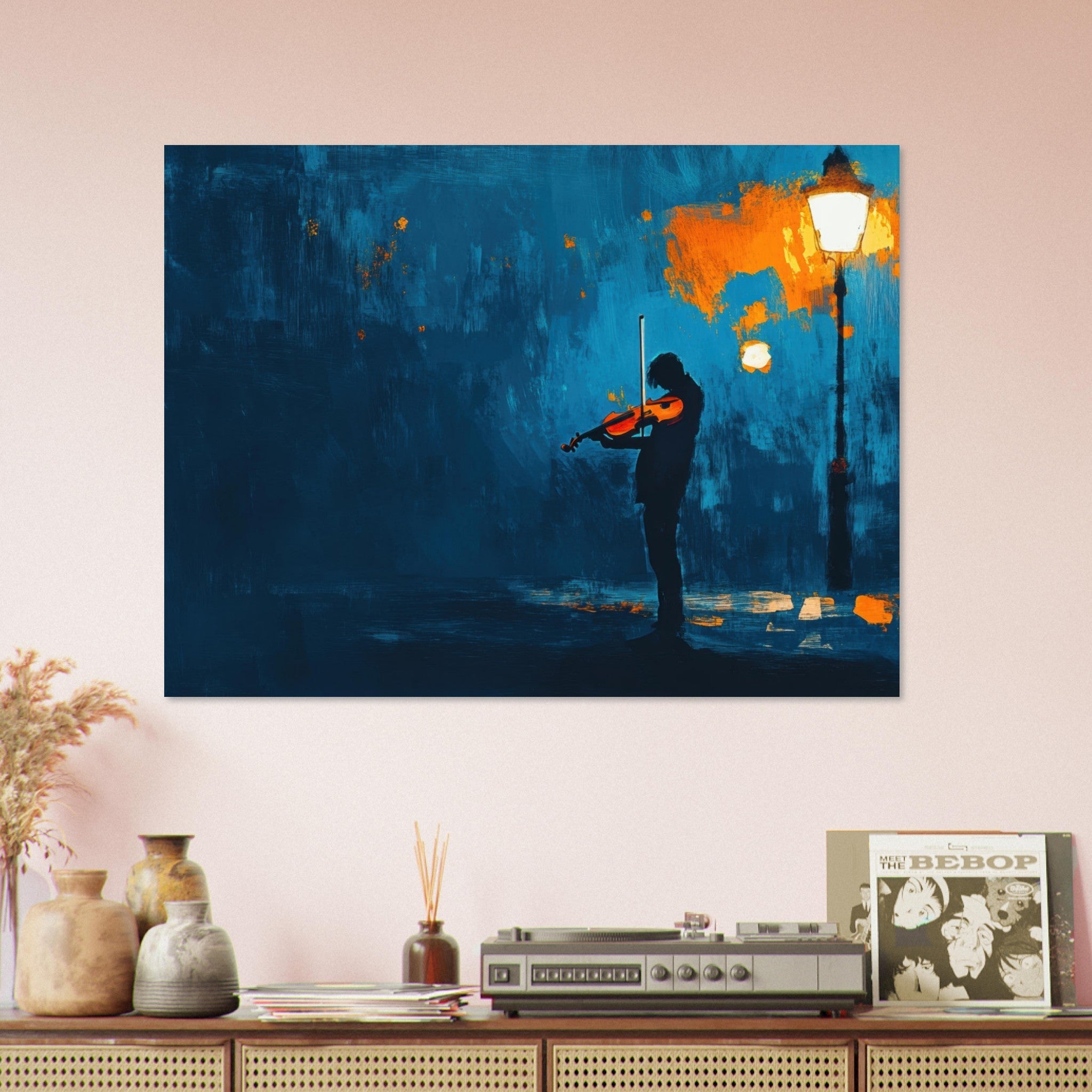 Fine Art Poster Landscape - A lone violinist stands beneath a flickering sir 2 - Shop Ai Art WebShop - Digital Art online Store