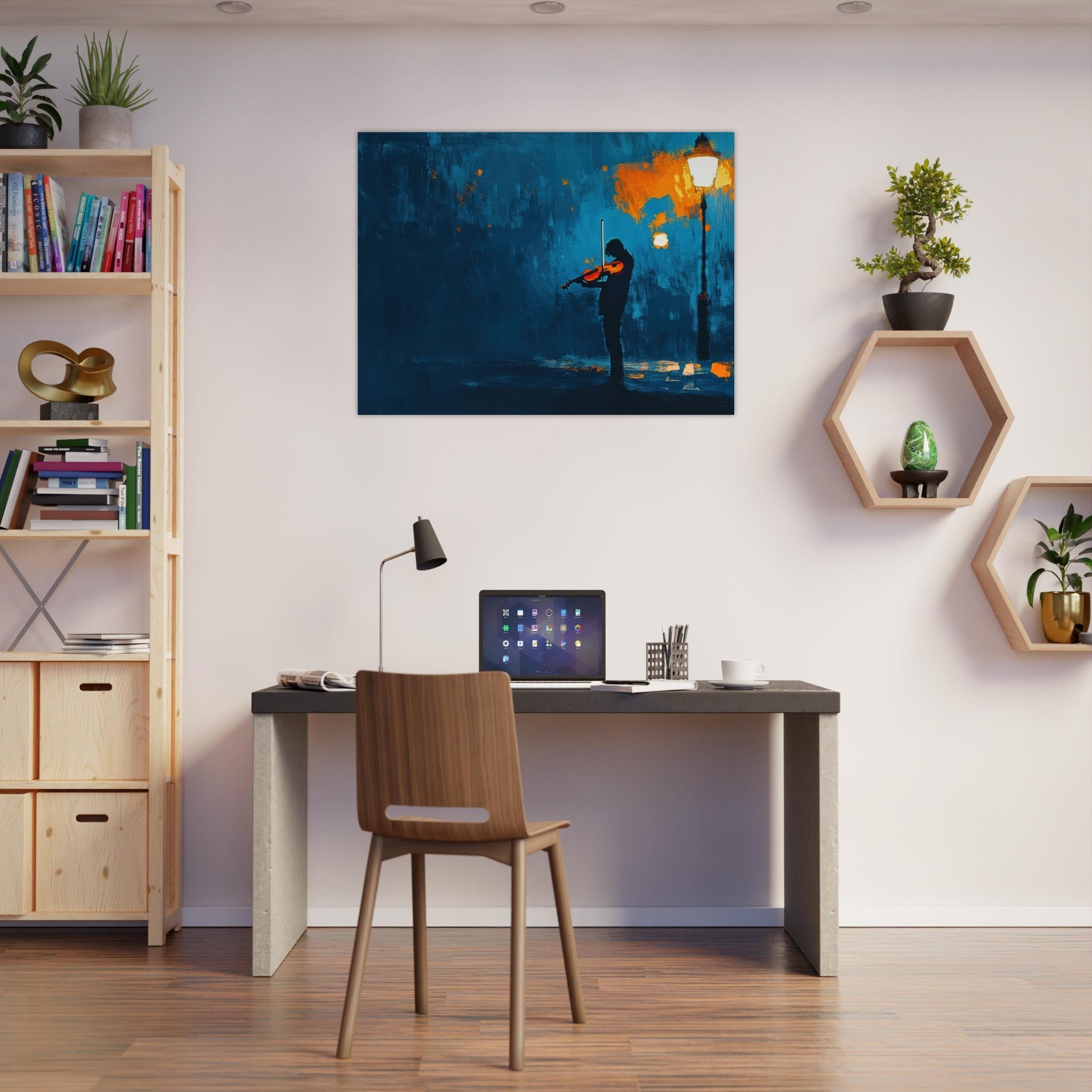 Fine Art Poster Landscape - A lone violinist stands beneath a flickering sir 2 - Shop Ai Art WebShop - Digital Art online Store