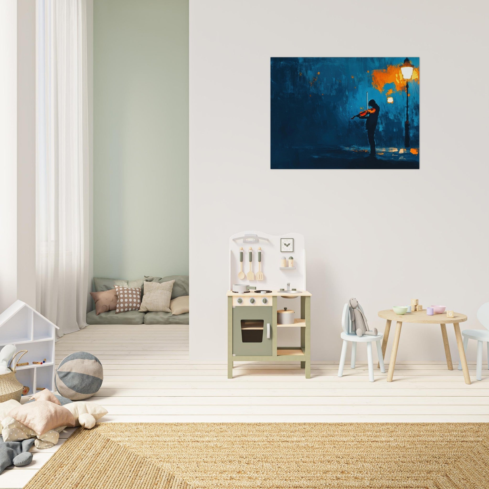 Fine Art Poster Landscape - A lone violinist stands beneath a flickering sir 2 - Shop Ai Art WebShop - Digital Art online Store