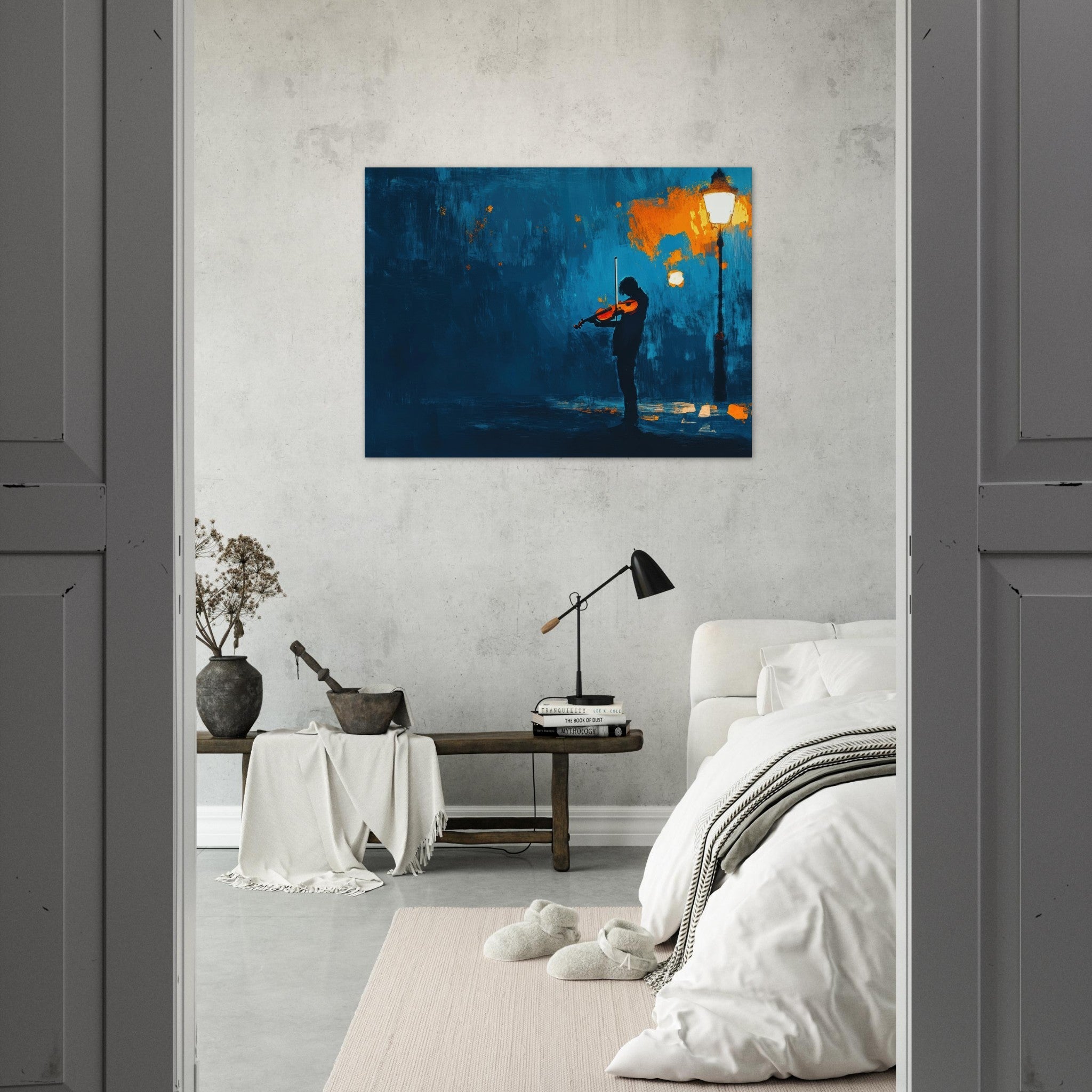 Fine Art Poster Landscape - A lone violinist stands beneath a flickering sir 2 - Shop Ai Art WebShop - Digital Art online Store