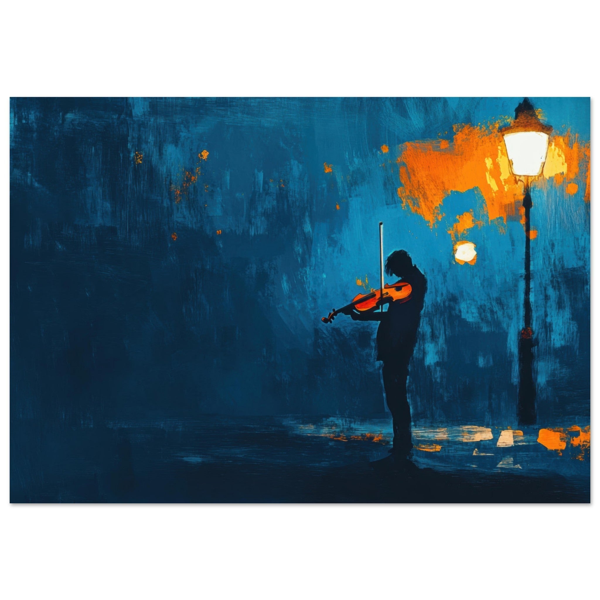 Fine Art Poster Landscape - A lone violinist stands beneath a flickering sir 2 - Shop Ai Art WebShop - Digital Art online Store