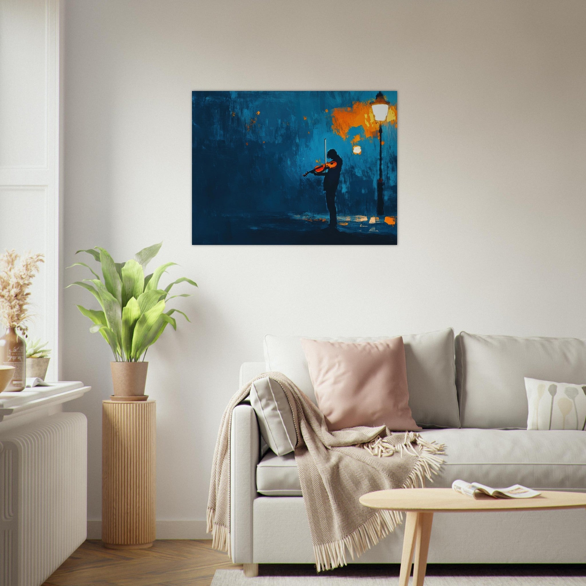 Fine Art Poster Landscape - A lone violinist stands beneath a flickering sir 2 - Shop Ai Art WebShop - Digital Art online Store