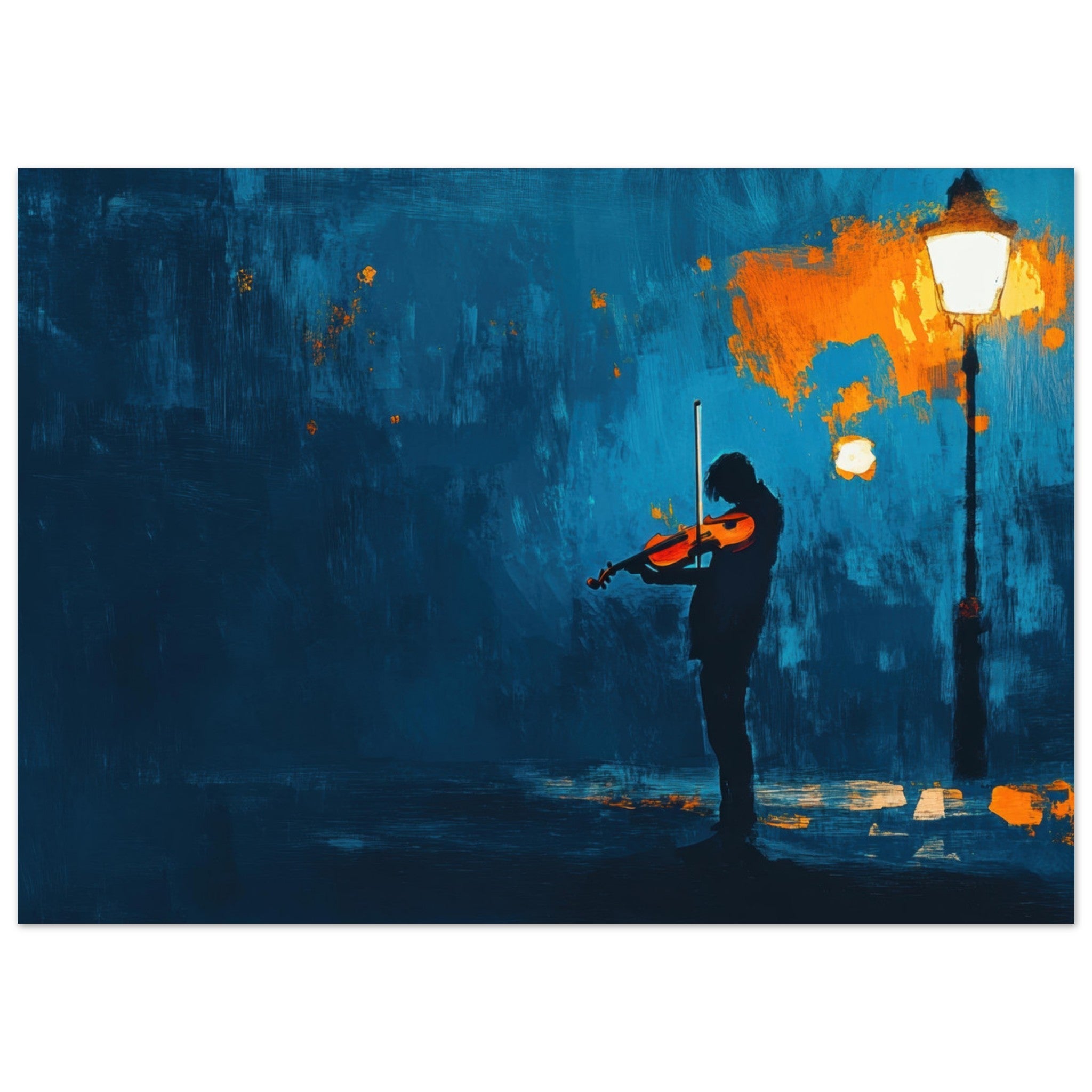 Fine Art Poster Landscape - A lone violinist stands beneath a flickering sir 2 - Shop Ai Art WebShop - Digital Art online Store