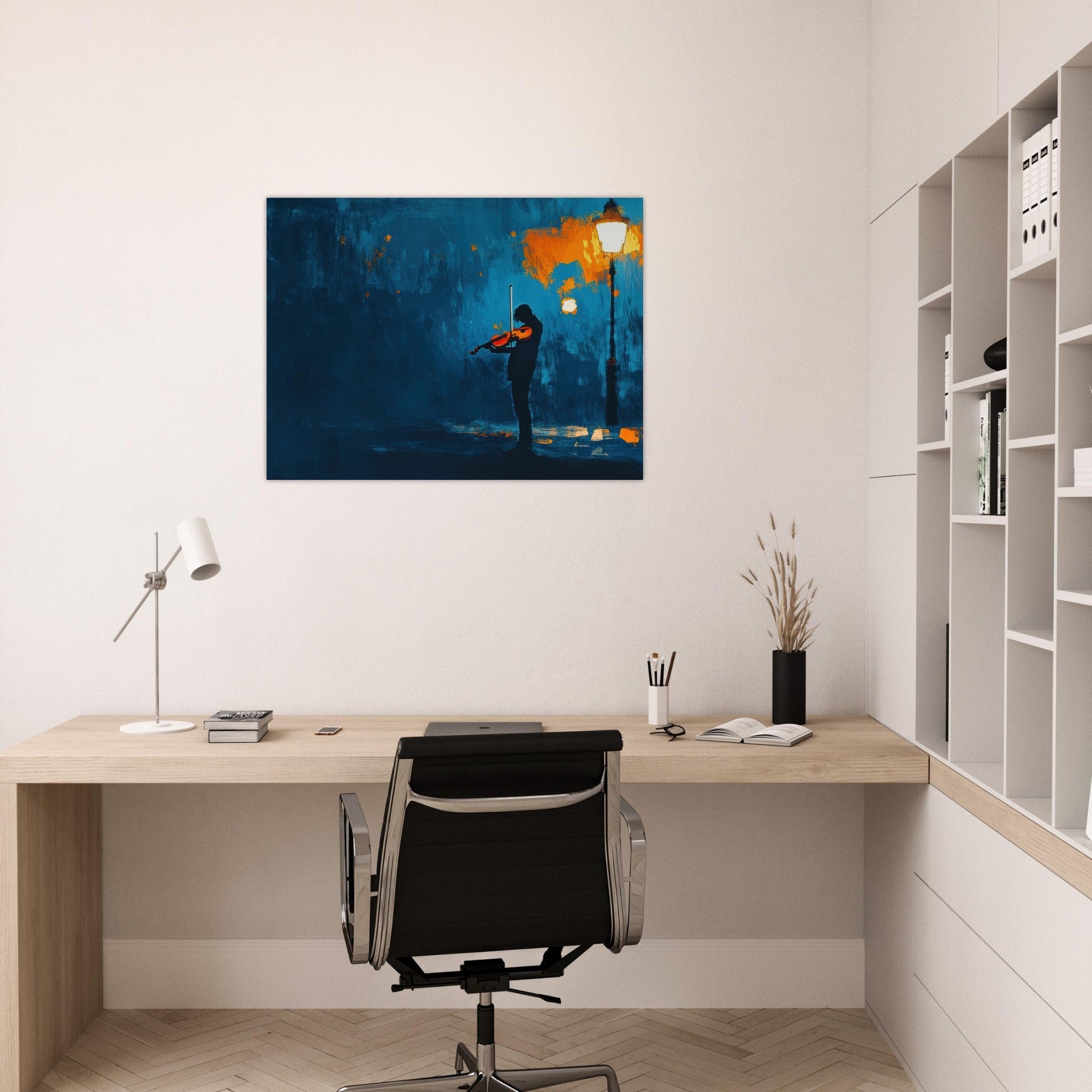 Fine Art Poster Landscape - A lone violinist stands beneath a flickering sir 2 - Shop Ai Art WebShop - Digital Art online Store