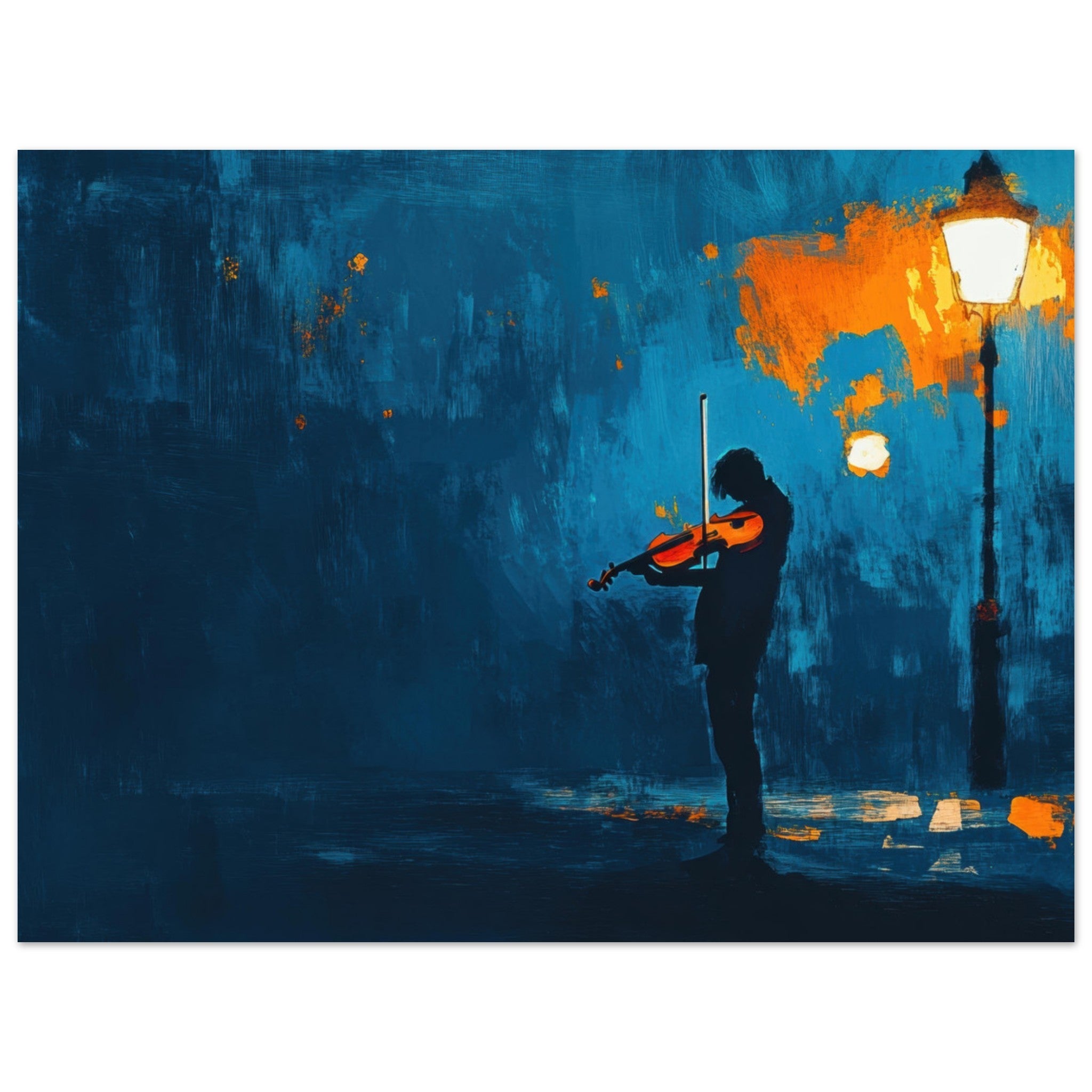 Fine Art Poster Landscape - A lone violinist stands beneath a flickering sir 2 - Shop Ai Art WebShop - Digital Art online Store