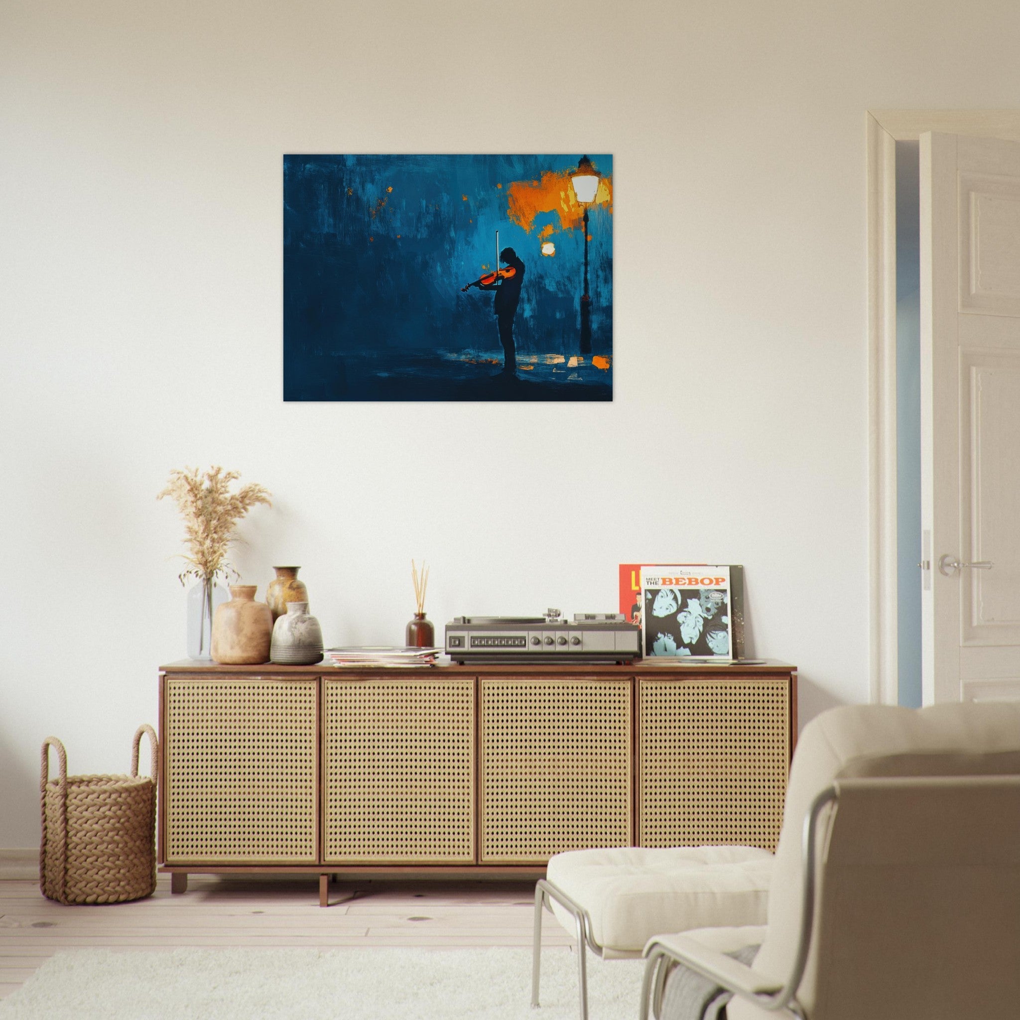 Fine Art Poster Landscape - A lone violinist stands beneath a flickering sir 2 - Shop Ai Art WebShop - Digital Art online Store