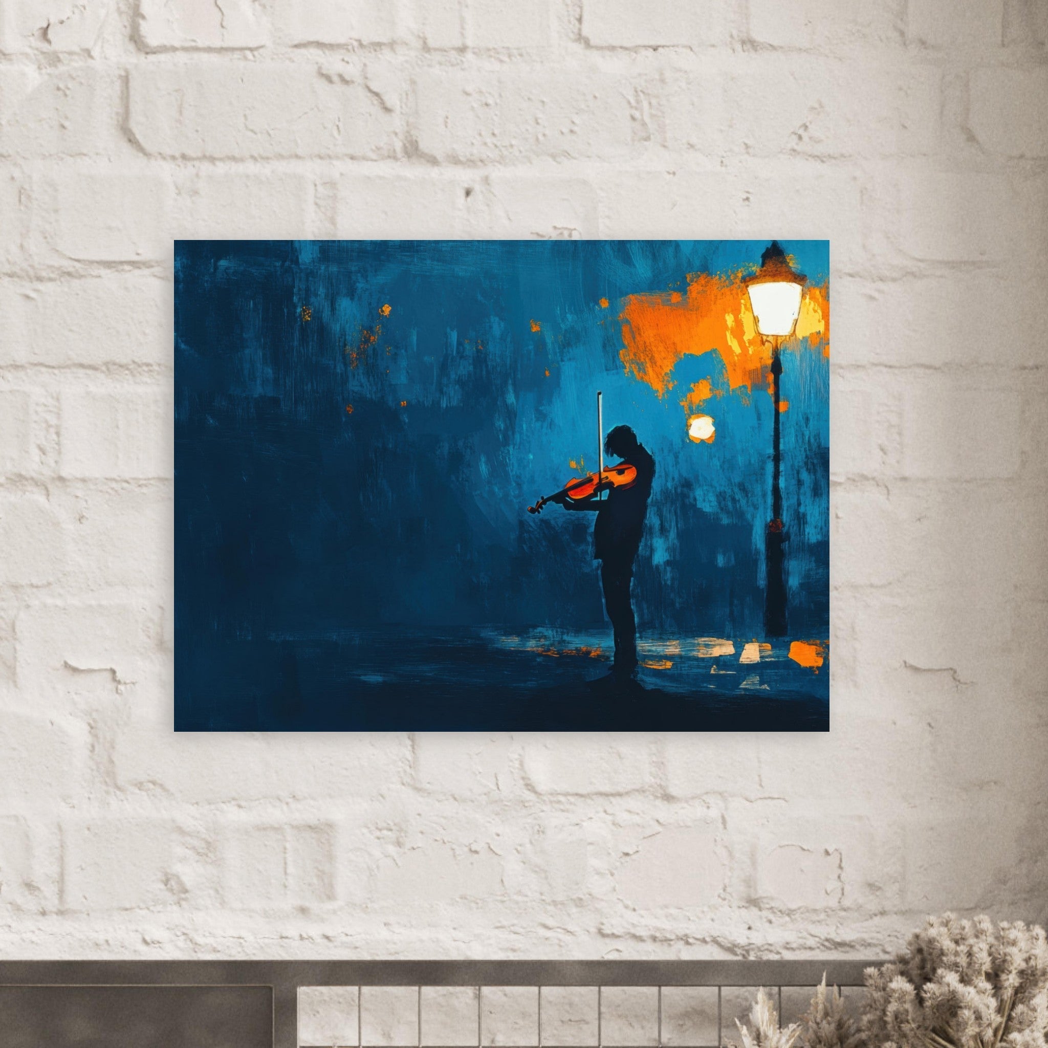 Fine Art Poster Landscape - A lone violinist stands beneath a flickering sir 2 - Shop Ai Art WebShop - Digital Art online Store