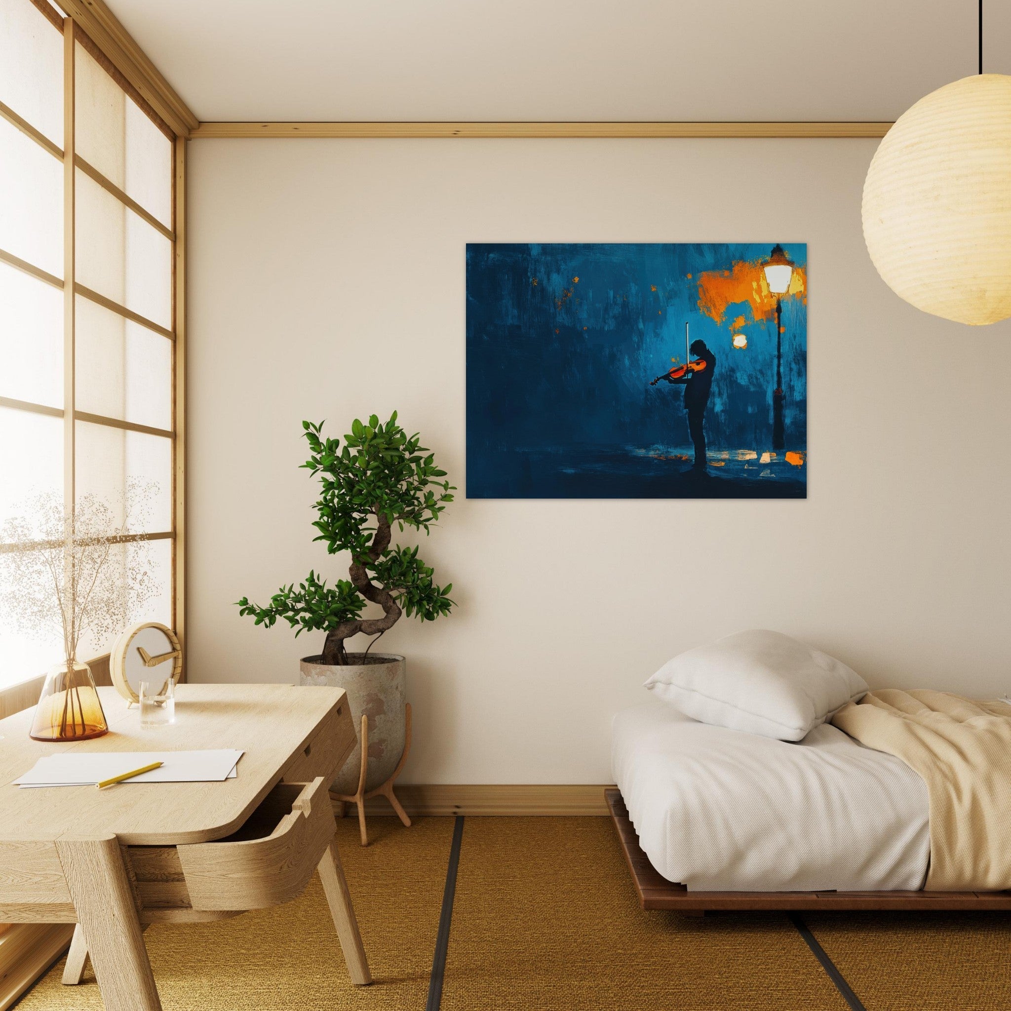 Fine Art Poster Landscape - A lone violinist stands beneath a flickering sir 2 - Shop Ai Art WebShop - Digital Art online Store