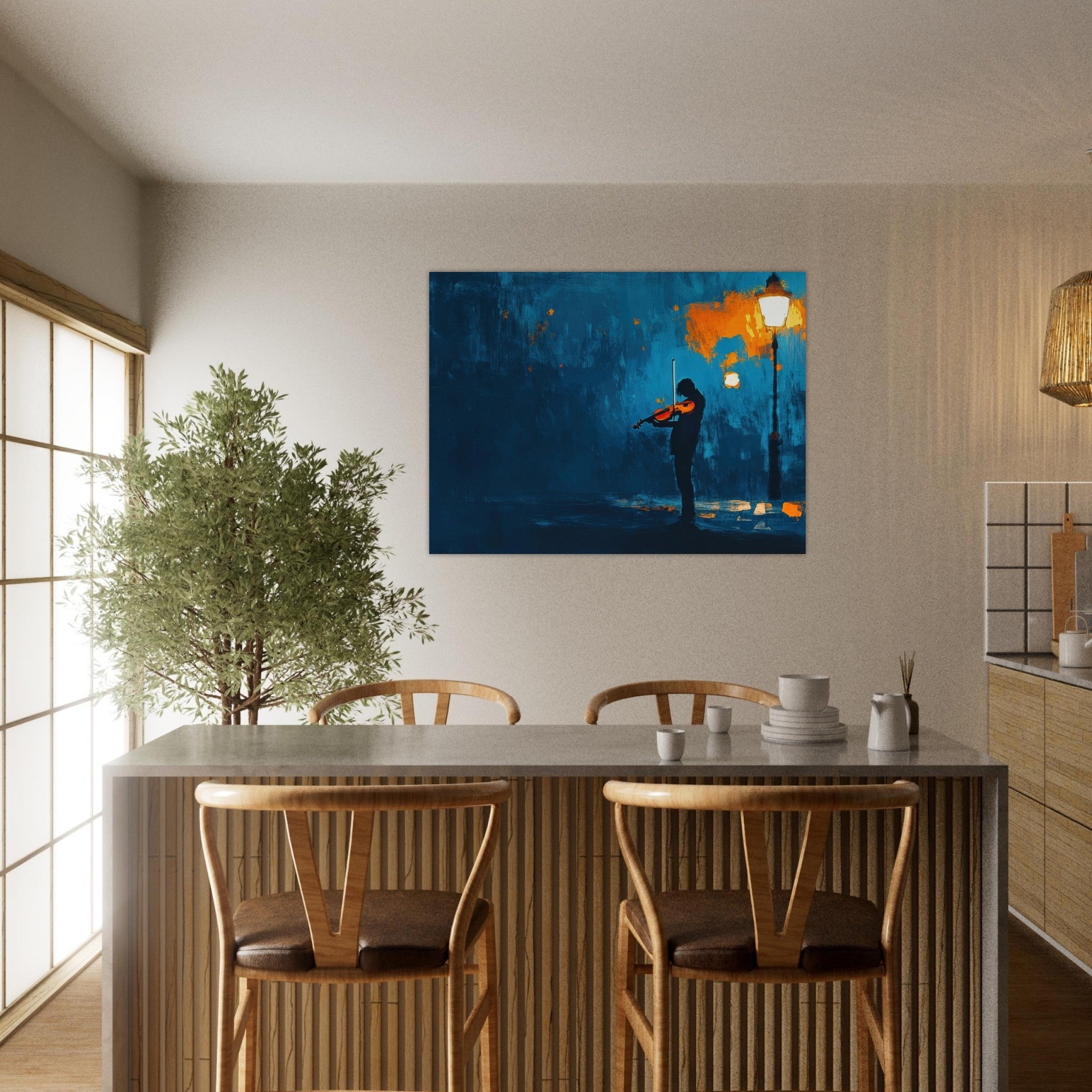 Fine Art Poster Landscape - A lone violinist stands beneath a flickering sir 2 - Shop Ai Art WebShop - Digital Art online Store