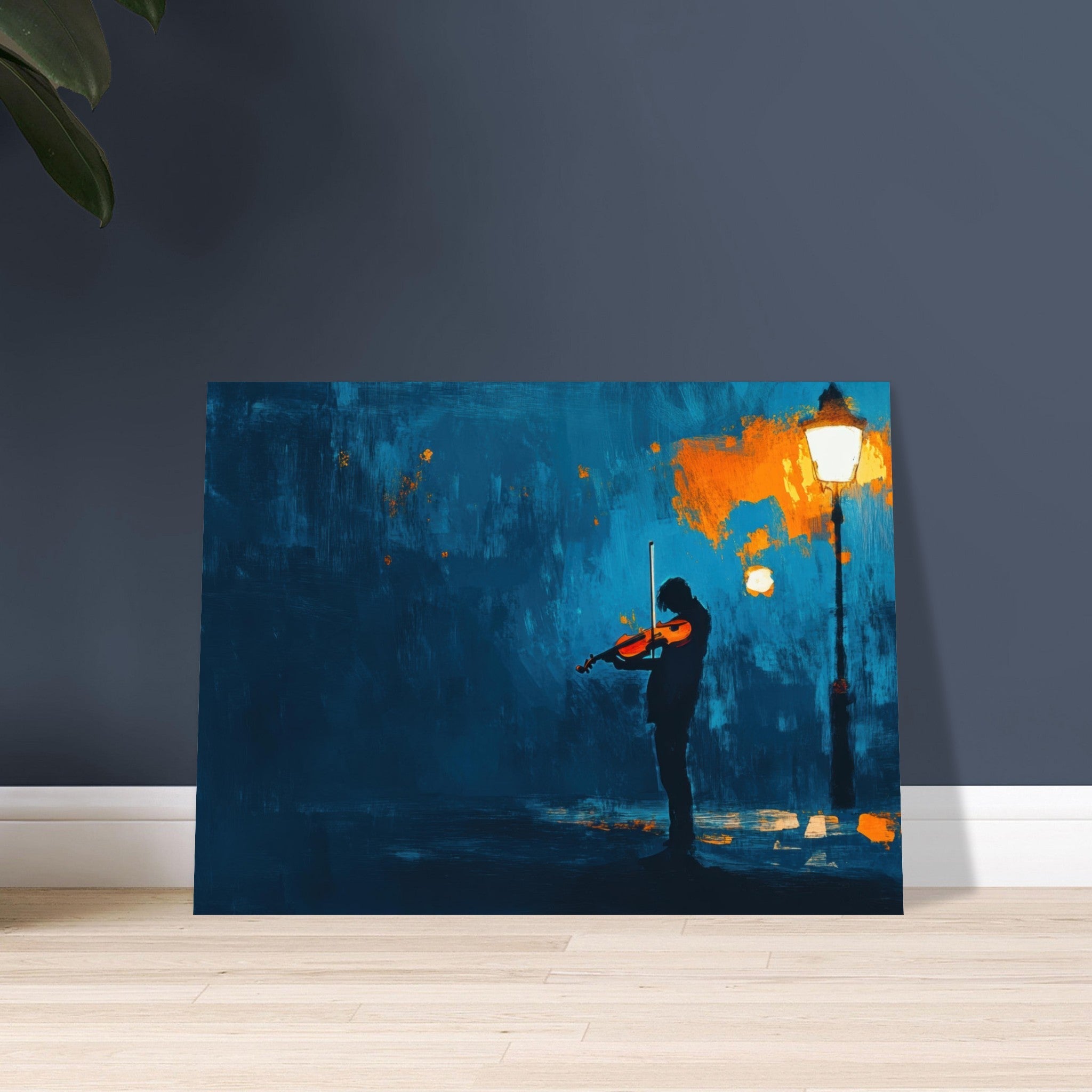 Fine Art Poster Landscape - A lone violinist stands beneath a flickering sir 2 - Shop Ai Art WebShop - Digital Art online Store