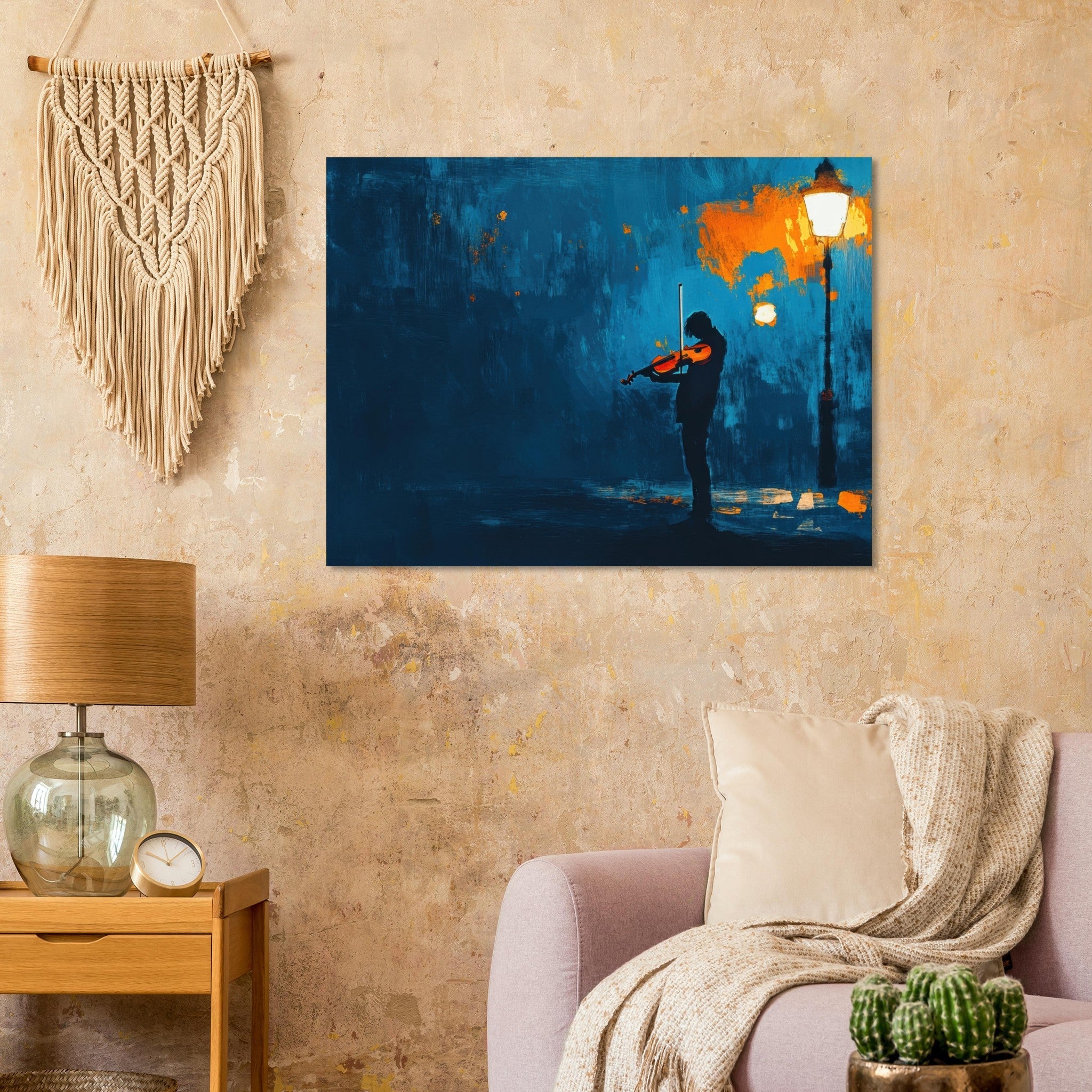 Fine Art Poster Landscape - A lone violinist stands beneath a flickering sir 2 - Shop Ai Art WebShop - Digital Art online Store