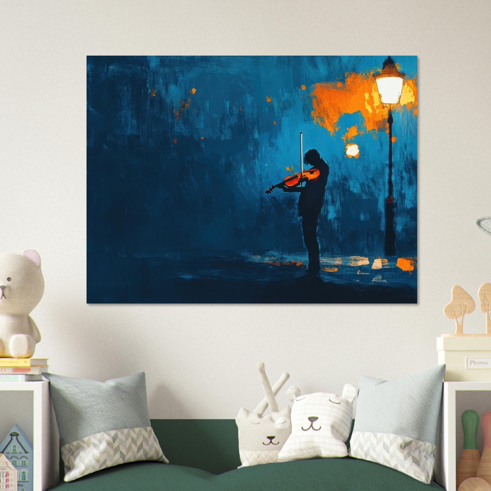 Fine Art Poster Landscape - A lone violinist stands beneath a flickering sir 2 - Shop Ai Art WebShop - Digital Art online Store