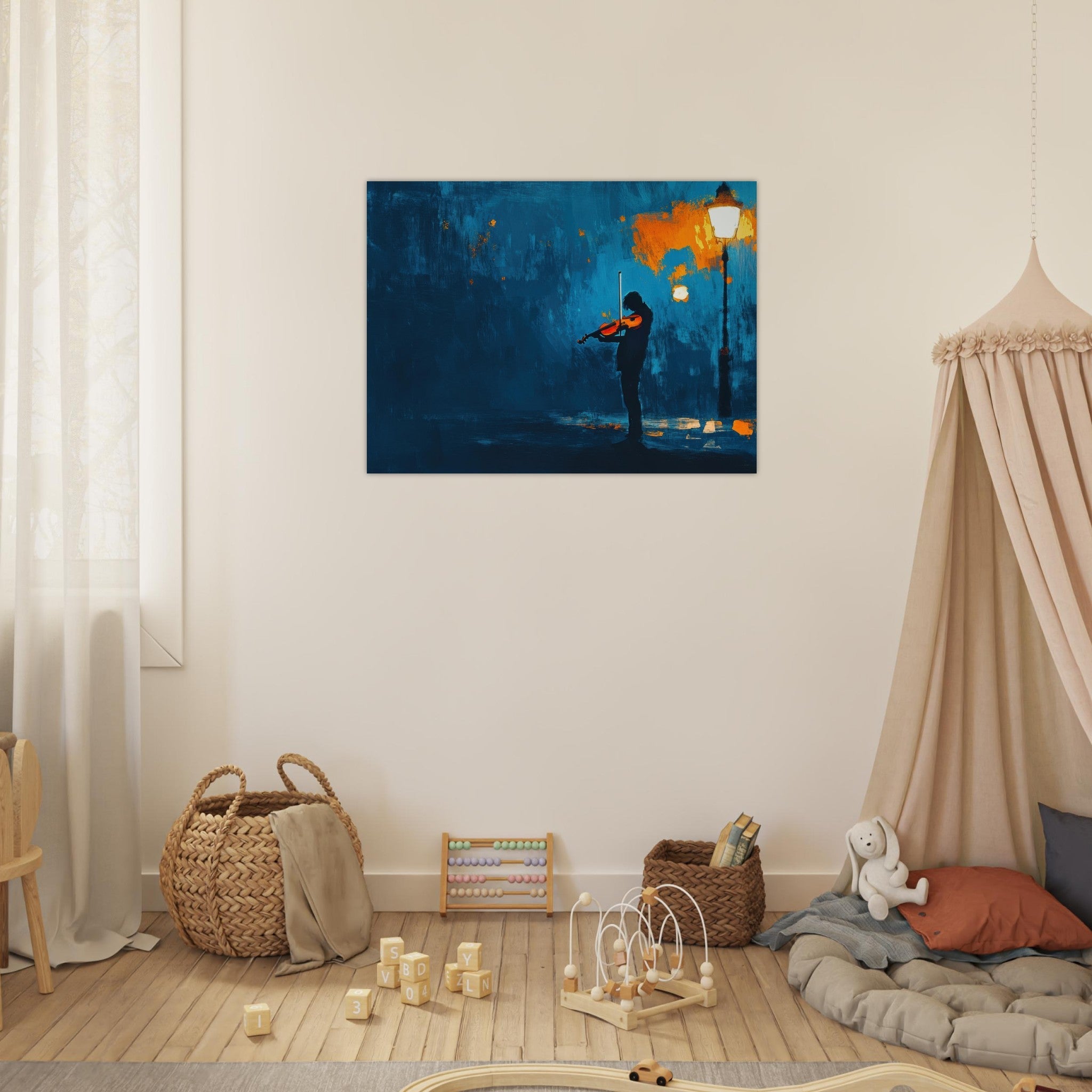 Fine Art Poster Landscape - A lone violinist stands beneath a flickering sir 2 - Shop Ai Art WebShop - Digital Art online Store